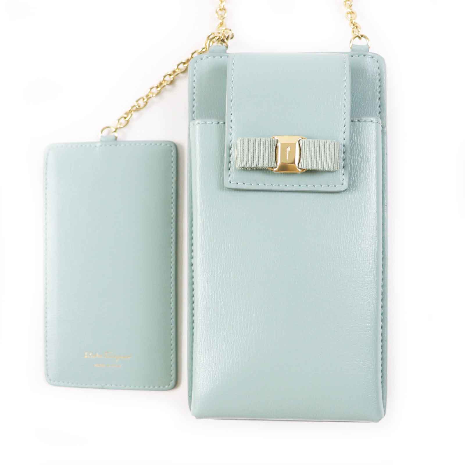 極美品◎Salvatore Ferragamo サルヴァトーレフェラガモ 22 0381 カードケース付き ヴァラリボン チェーン フォンケース／フォンショルダー ライトブルー イタリア製 レディース【中古】