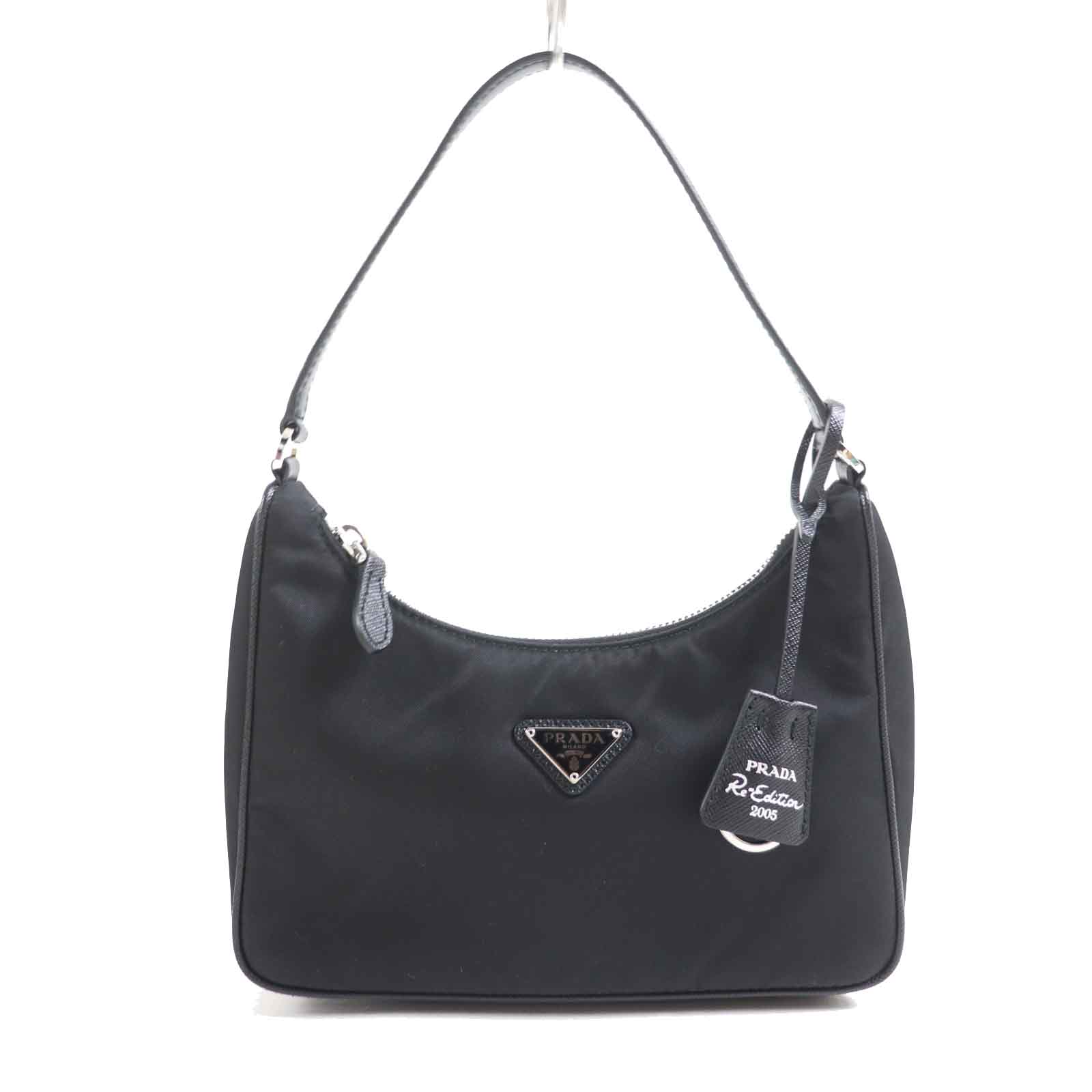 極美品◎PRADA プラダ 1NE204 RE-NYLON RE-EDITION 2005 三角ロゴプレート付き ナイロン サフィアーノレザー ハンドバッグ ブラック シルバー金具 保存袋付き イタリア製 正規品 レディース【中古】