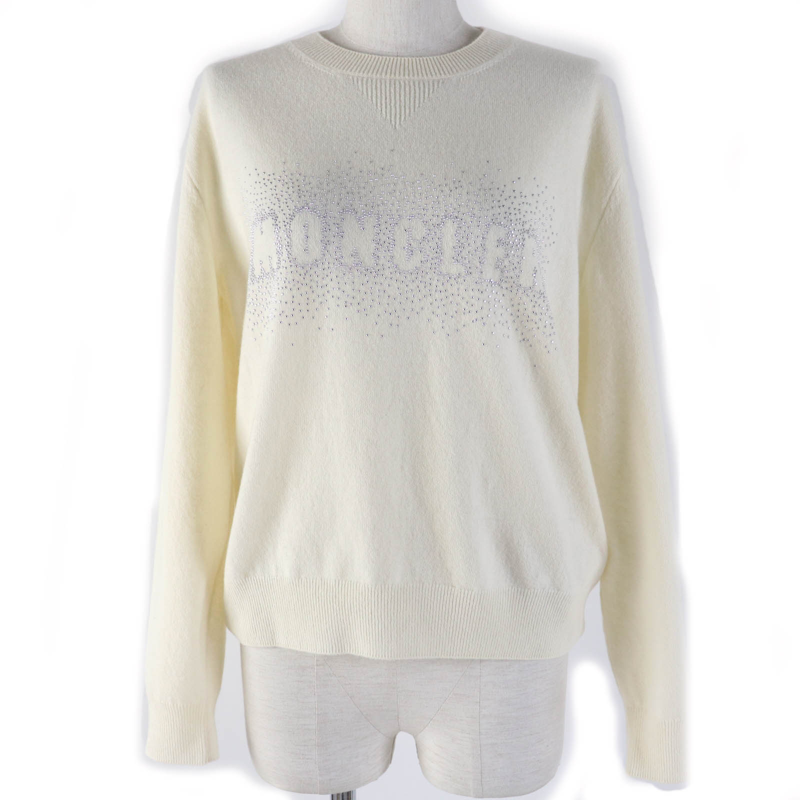 極美品☆MONCLER モンクレール 2023年製 ウール100％ フロントロゴ ラインストーン付 長袖 ニット アイボリー XS 正規品 レディース【中古】