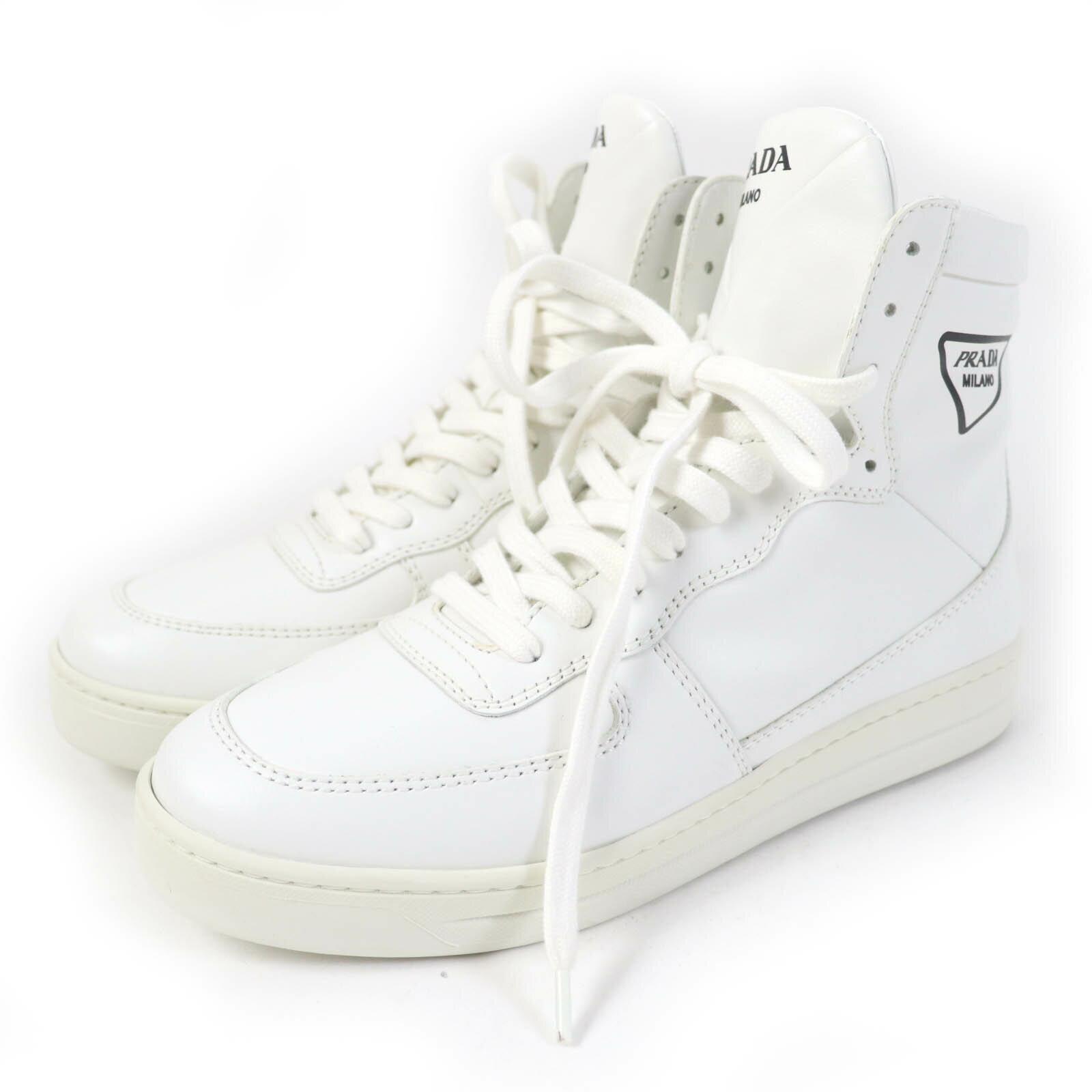 美品☆PRADA プラダ 1T638M トライアングルロゴ レザー ハイカットスニーカー ホワイト 37.5 箱付き イタリア製 レディース【中古】