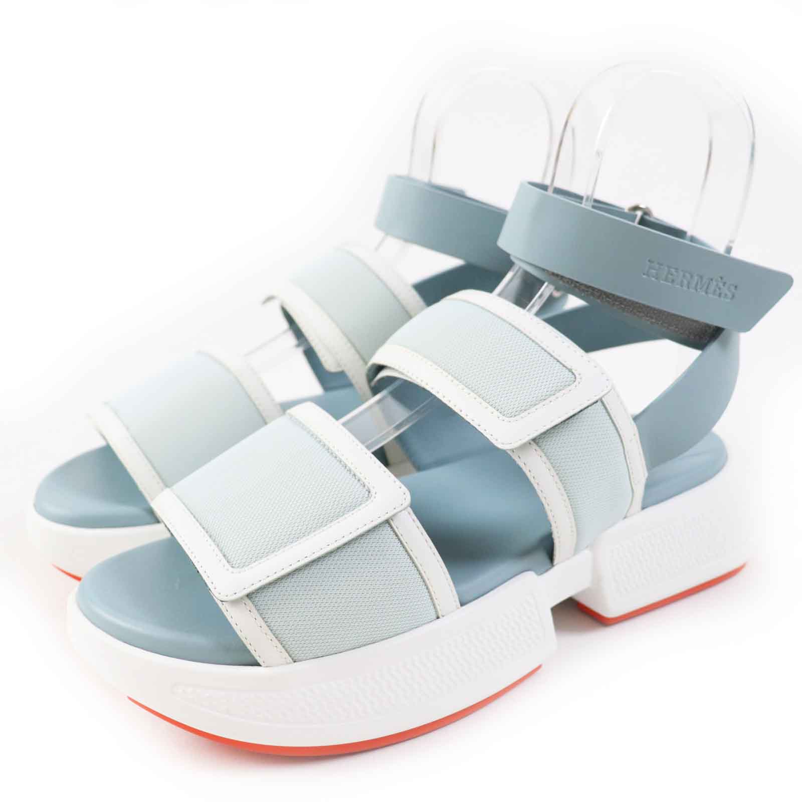 極美品◎HERMES エルメス 23SS 231219Z レザー サンダル ライトブルー ホワイト 24.5～25cmほど 保存袋付き イタリア製 レディース【中古】