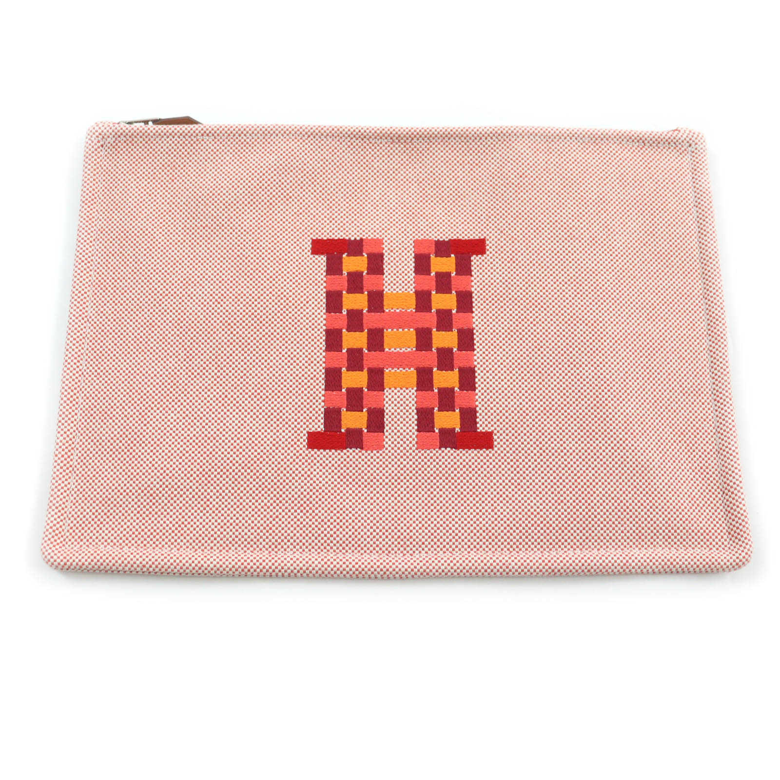 極美品★HERMES エルメス H103608M Hティサージュ コニャック シルバー金具 Hロゴ刺繍入り コットン ポーチ フランス製【中古】