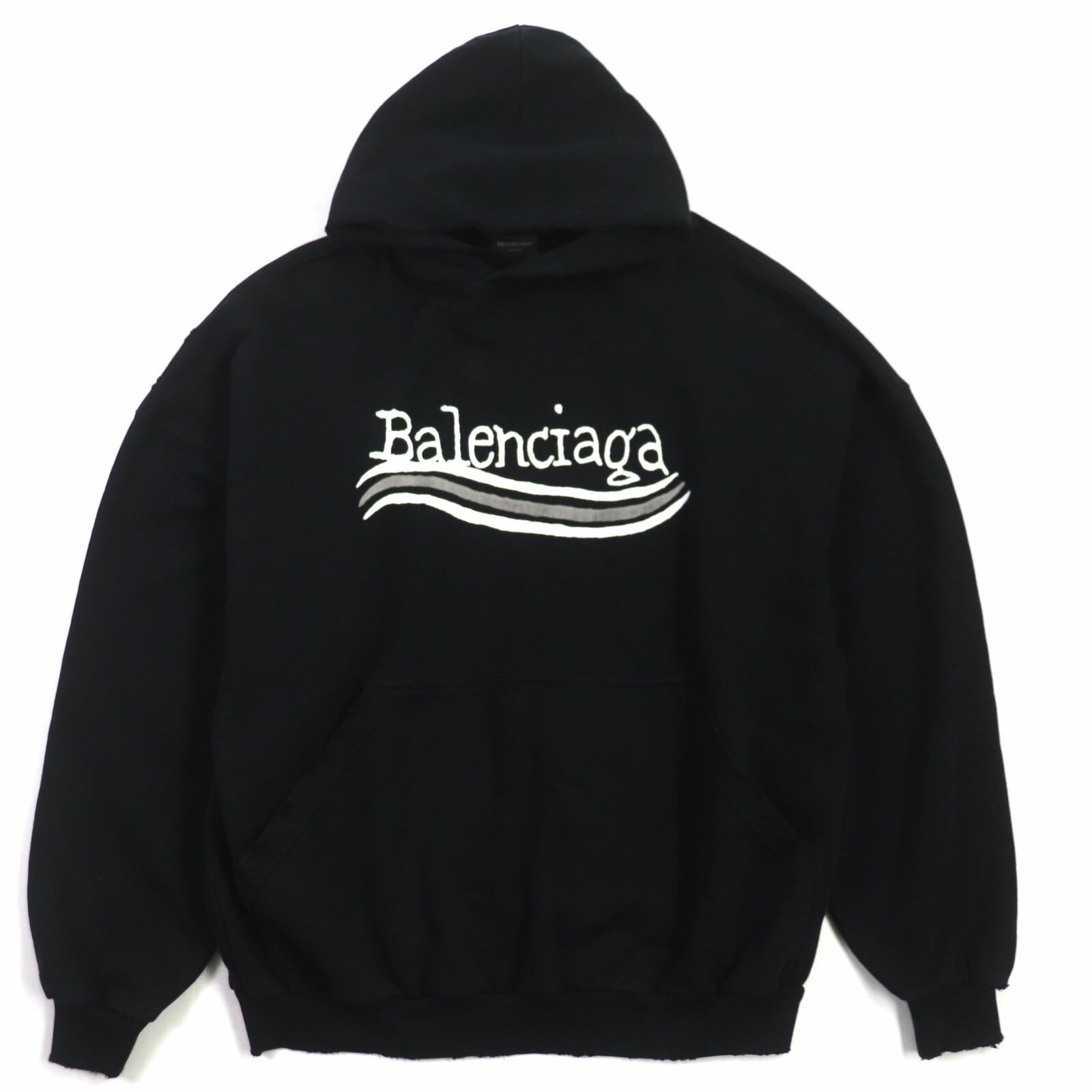 美品▼BALENCIAGA バレンシアガ 23AW 739024 コットン100% ダメージ加工 ロゴプリント ラージフィット プルオーバー パーカー ブラック L 正規品 メンズ【中古】