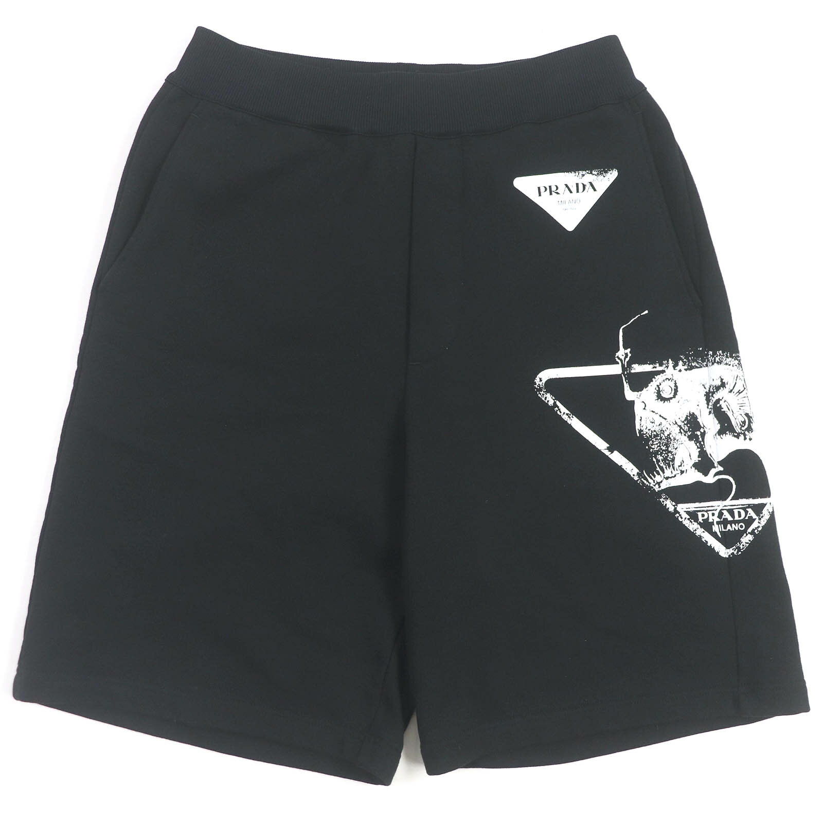 極美品□PRADA プラダ 22SS UJP195 コットン100％ グラフィックプリント トライアングルロゴ 三角プレート ショートパンツ ブラック XS 正規品 メンズ【中古】