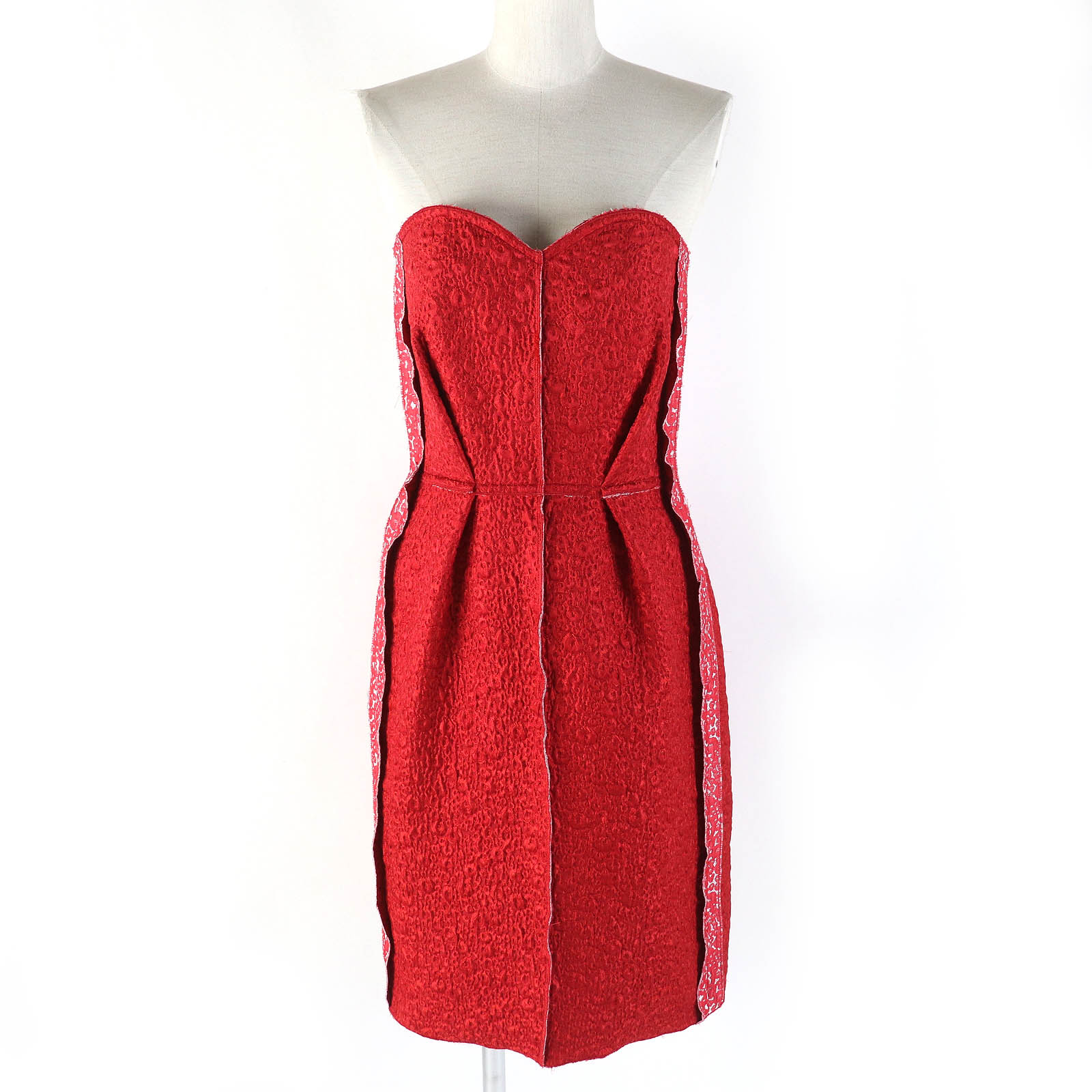 【ドンドン見直し】未使用品△LANVIN ランバン シルク混 ジャガード ベアトップ ノースリーブ ドレス ワンピース 裏地シルク100％ レッド 36 フランス製 正規品 レディース 美シルエット オススメ◎【中古】