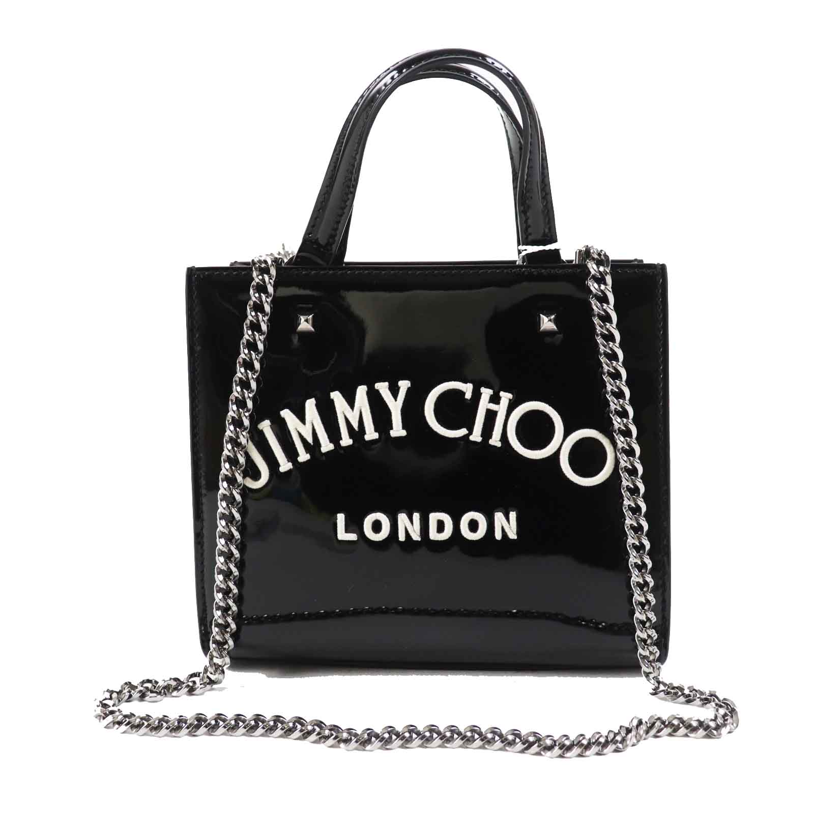 未使用品◎JIMMY CHOO ジミーチュウ VARENNE TOTE BAG 2WAY パテントレザー トートバッグ ショルダーバッグブラック ホワイト イタリア製 レディース【中古】