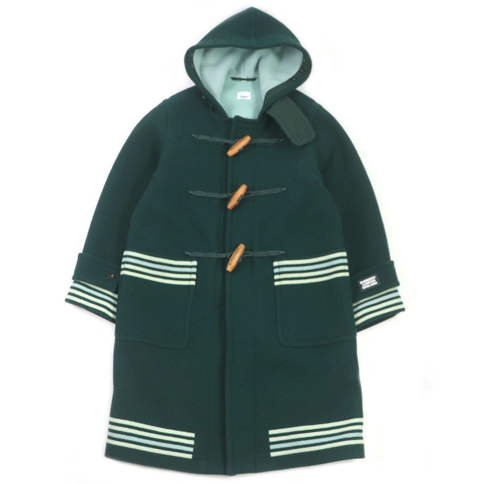 極美品□BURBERRY バーバリー 4558899 ウール ロゴパッチ ストライプ トグルボタン ダッフルコート グリーン 46 イタリア製 正規品 メンズ【中古】