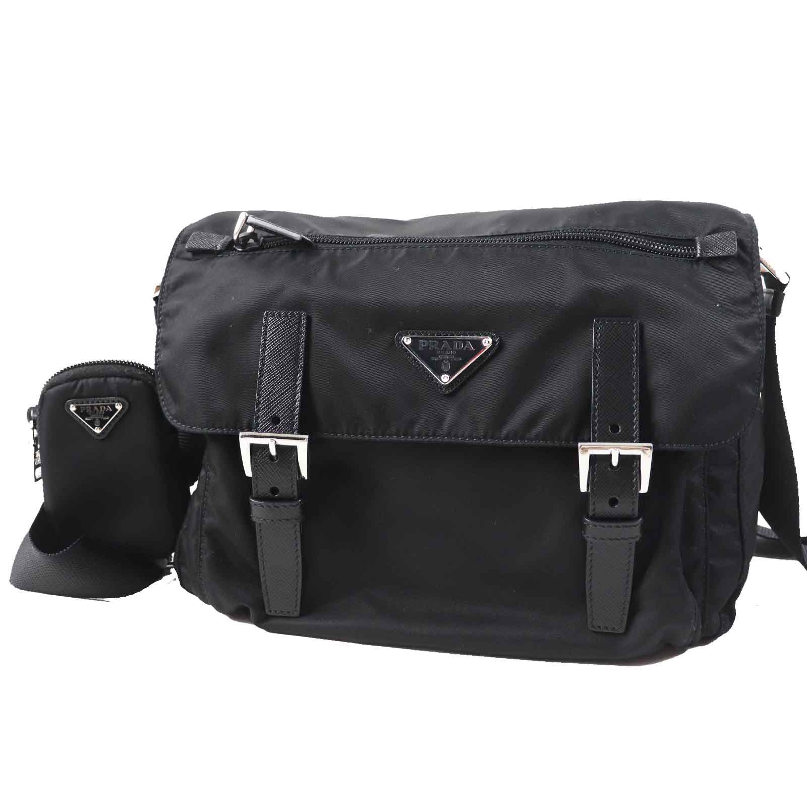 極美品◎PRADA プラダ 1BD953 RE-NYLON 三角プレート ポーチ付き ナイロン ショルダーバッグ ブラック シルバー金具 保存袋付き レディース【中古】