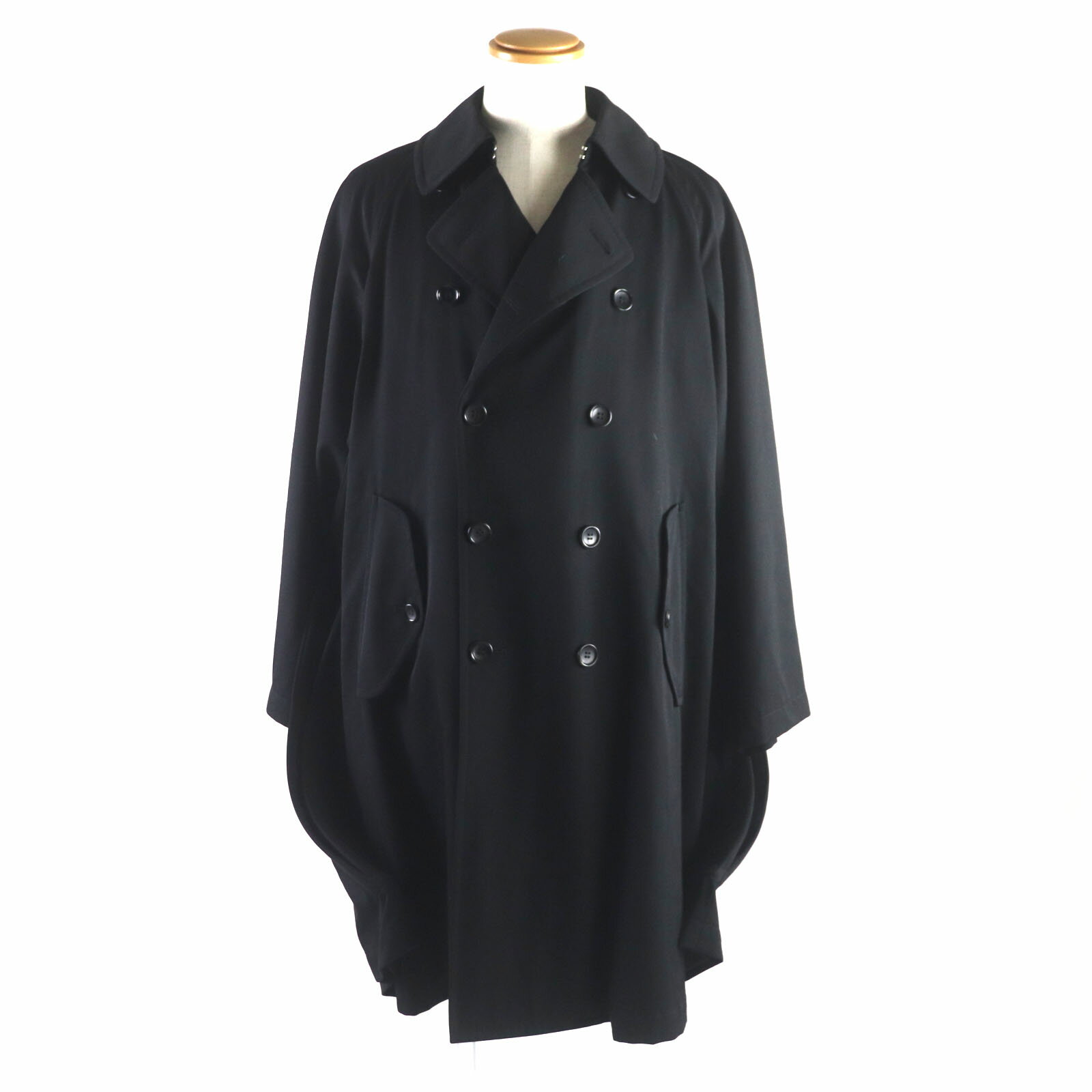 極美品▼COMME des GARCONS HOMME PLUS コムデギャルソンオムプリュス 23SS PK-C002 ワイヤー サイドスリット ワイド ウール100%トレンチコート ブラック S 日本製 正規品 メンズ【中古】