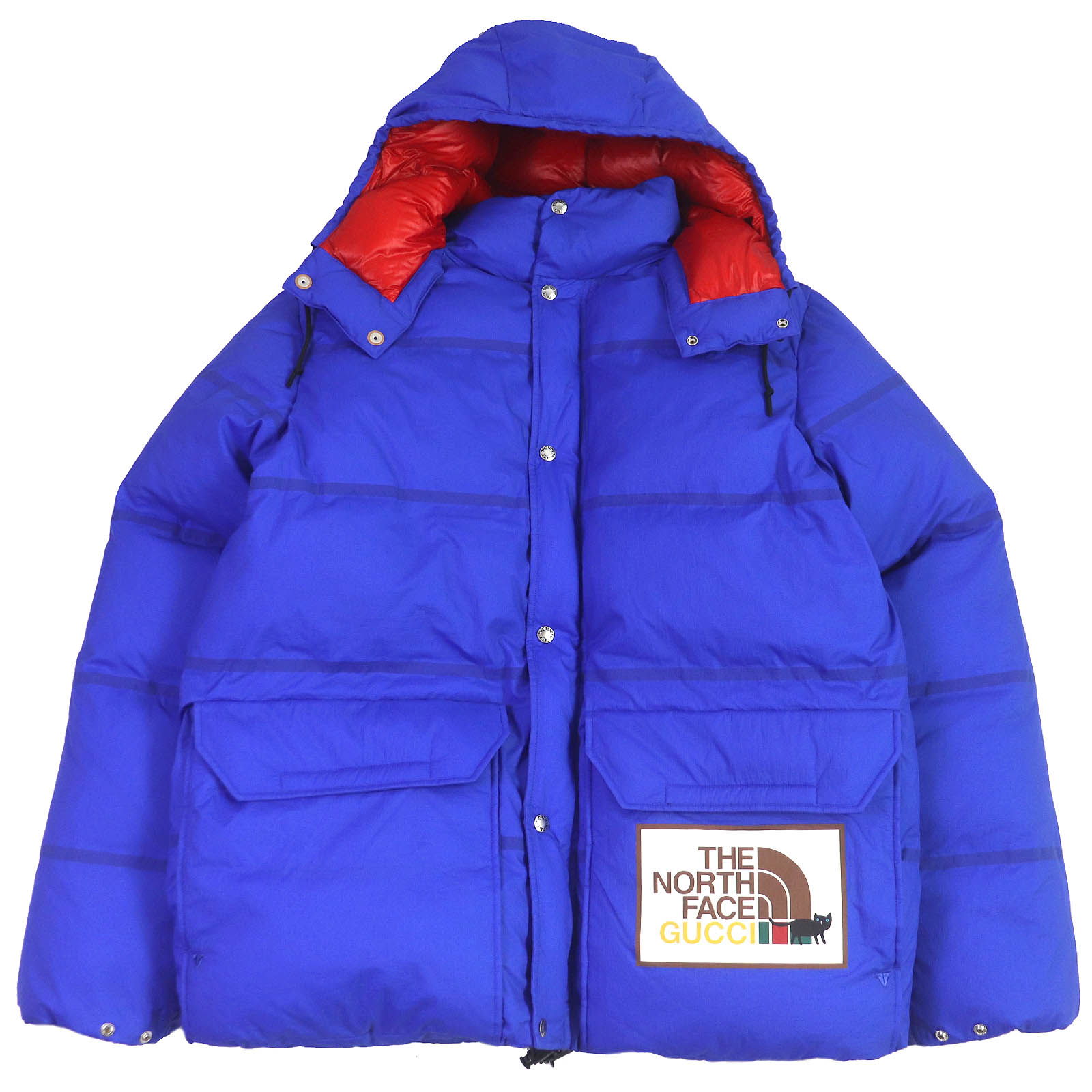 極美品□GUCCI×THE NORTH FACE グッチ×ザ・ノースフェイス 21AW 663753 ロゴプリント フーデッド ダウンジャケット ブルー L 正規品 メンズ【中古】