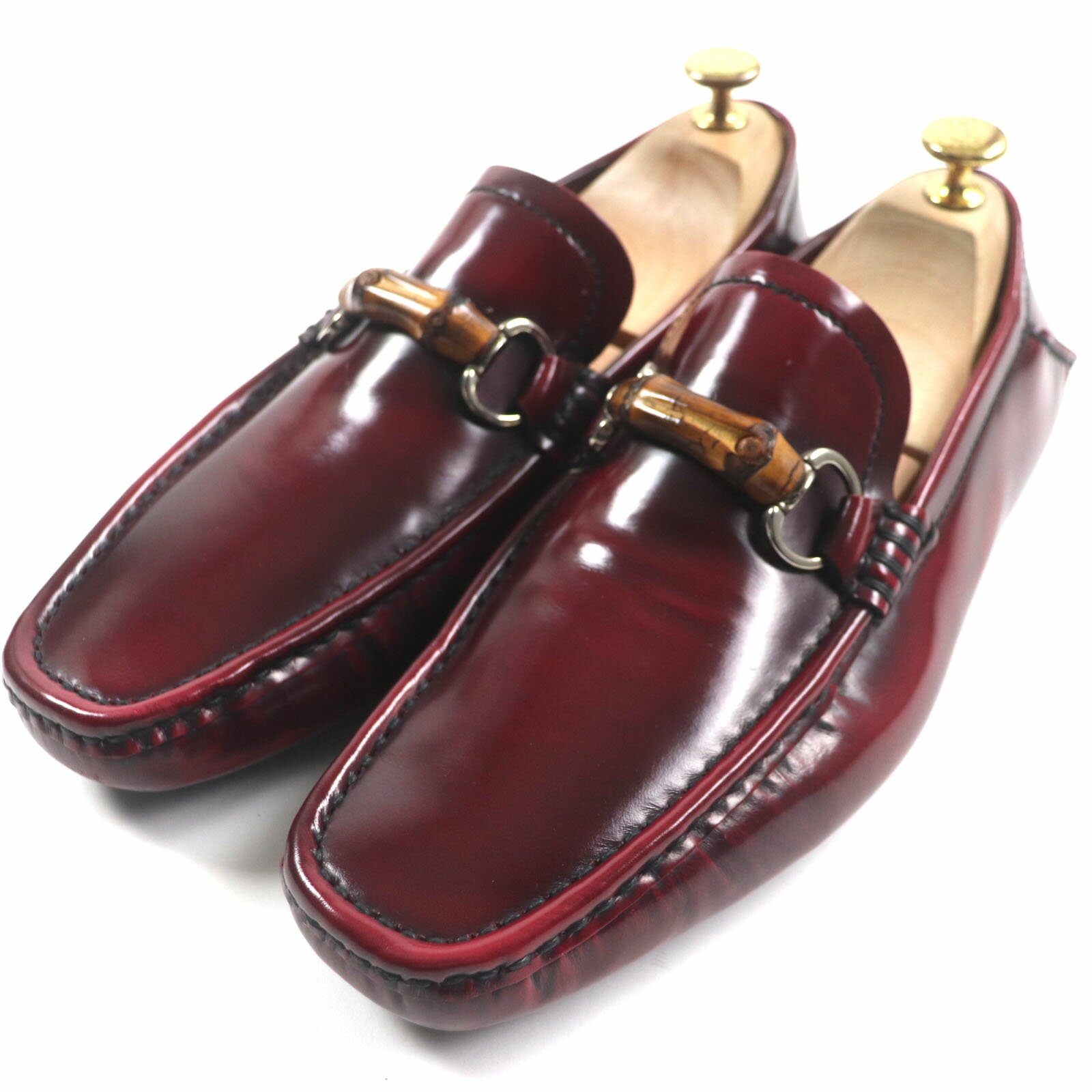 極美品▼GUCCI グッチ 138204 バンブー ビットローファー スリッポン レザーシューズ ドライビングシューズ レッド 7 イタリア製 メンズ【中古】