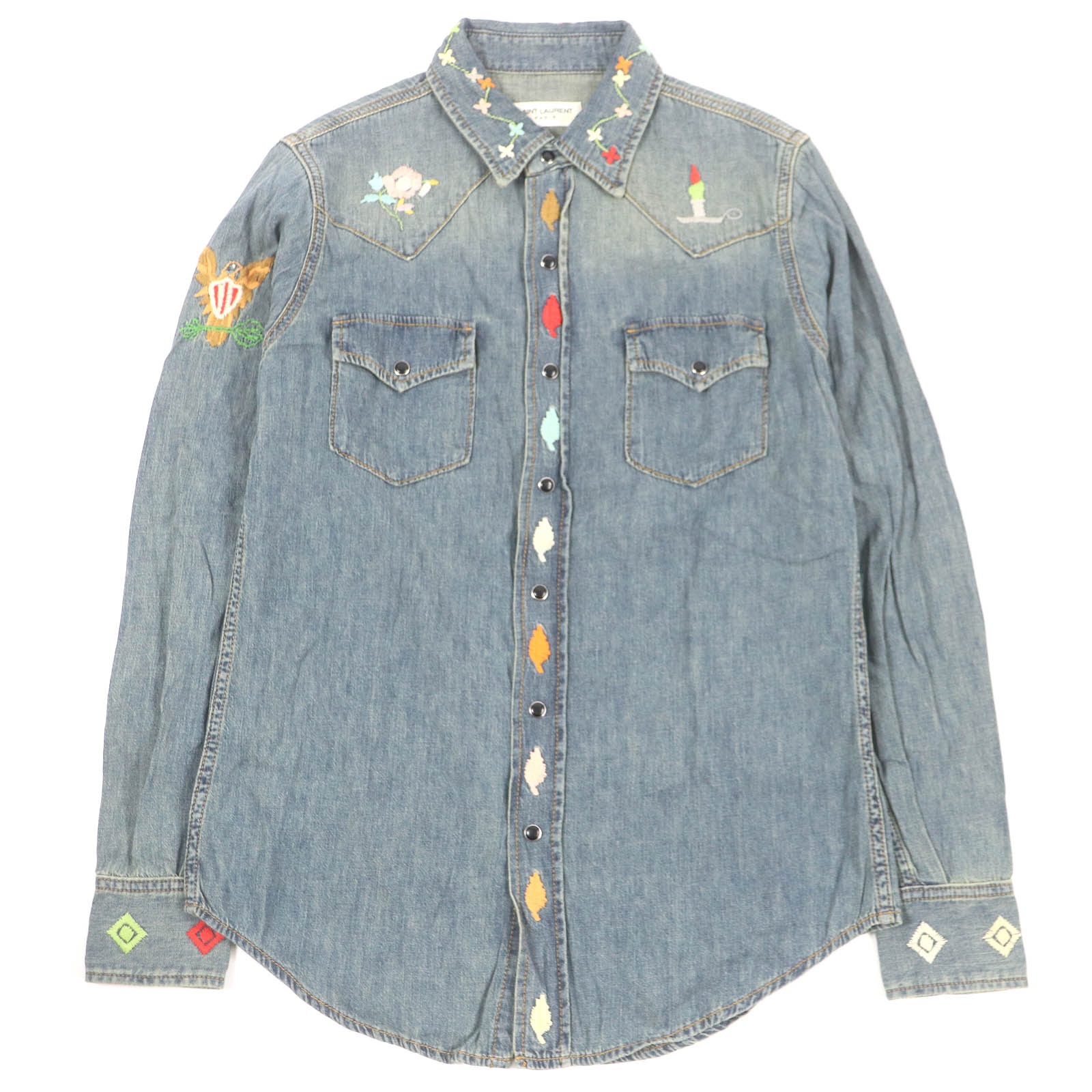 美品□SAINT LAURENT PARIS サンローランパリ 530376 コットン100％ エンブロイダリー 長袖 デニム ウエスタンシャツ インディゴブルー XS イタリア製 正規品 メンズ【中古】