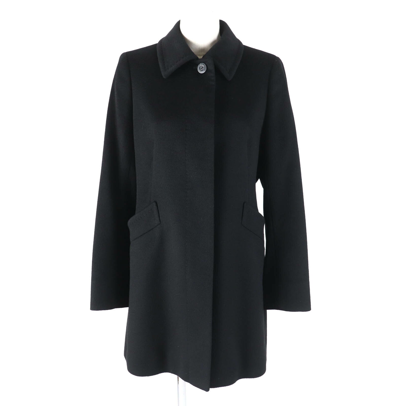 美品★Aquascutum LONDON アクアスキュータムロンドン カシミヤ100％ 比翼仕立て ステンカラーコート ブラック 9 日本製 正規品 レディース【中古】