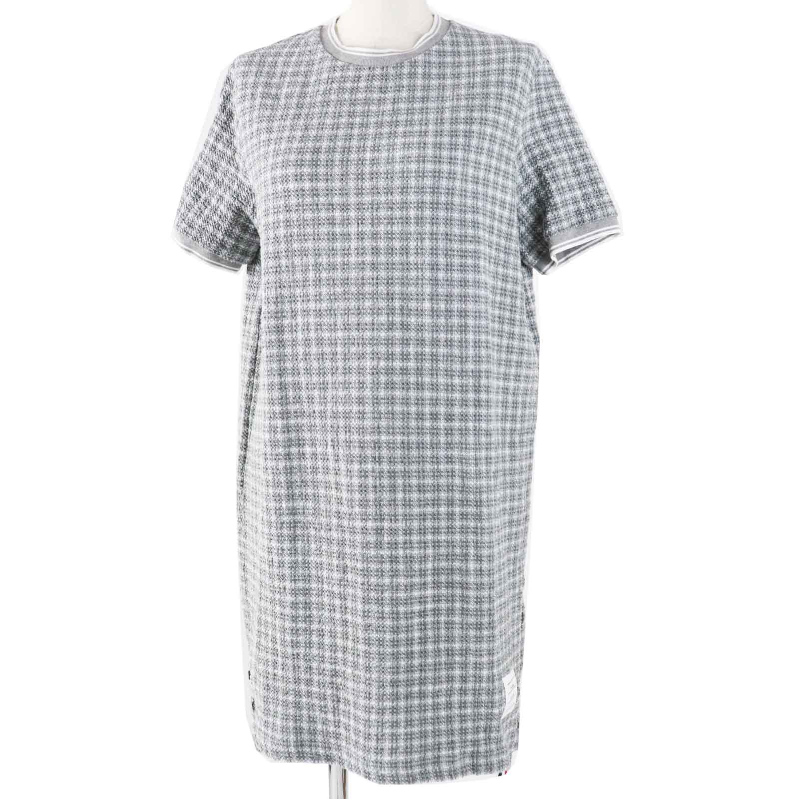 極美品◎THOM BROWNE トムブラウン 24SS FJD105A チェック柄 ツイード 半袖 ワンピース グレー ホワイト 40 イタリア製 正規品 レディース【中古】