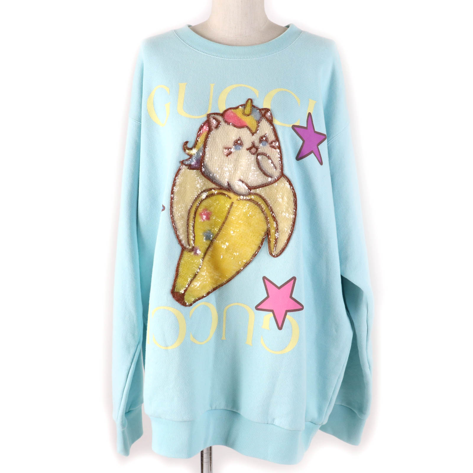 極美品☆GUCCI グッチ 22AW 617964 コットン100％ ばなにゃ スパンコール装飾 スウェットシャツ ライトブルー XL イタリア製 正規品 レディース【中古】