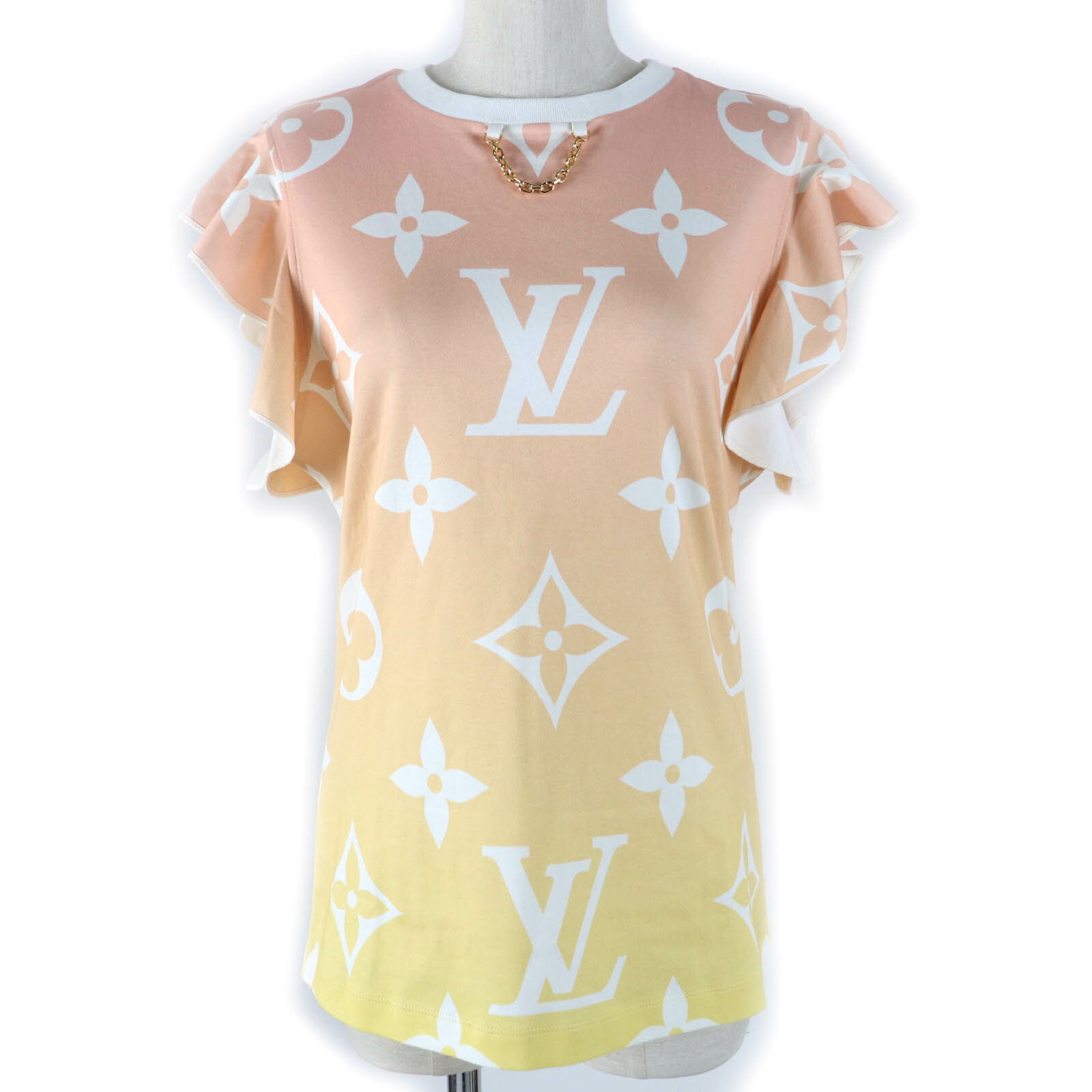 美品☆LOUIS VUITTON ルイヴィトン 21AW コットン100％ サンライズモノグラム フラウンススリーブ グラデーション 半袖Tシャツ オレンジ系 L イタリア製 正規品 レディース【中古】