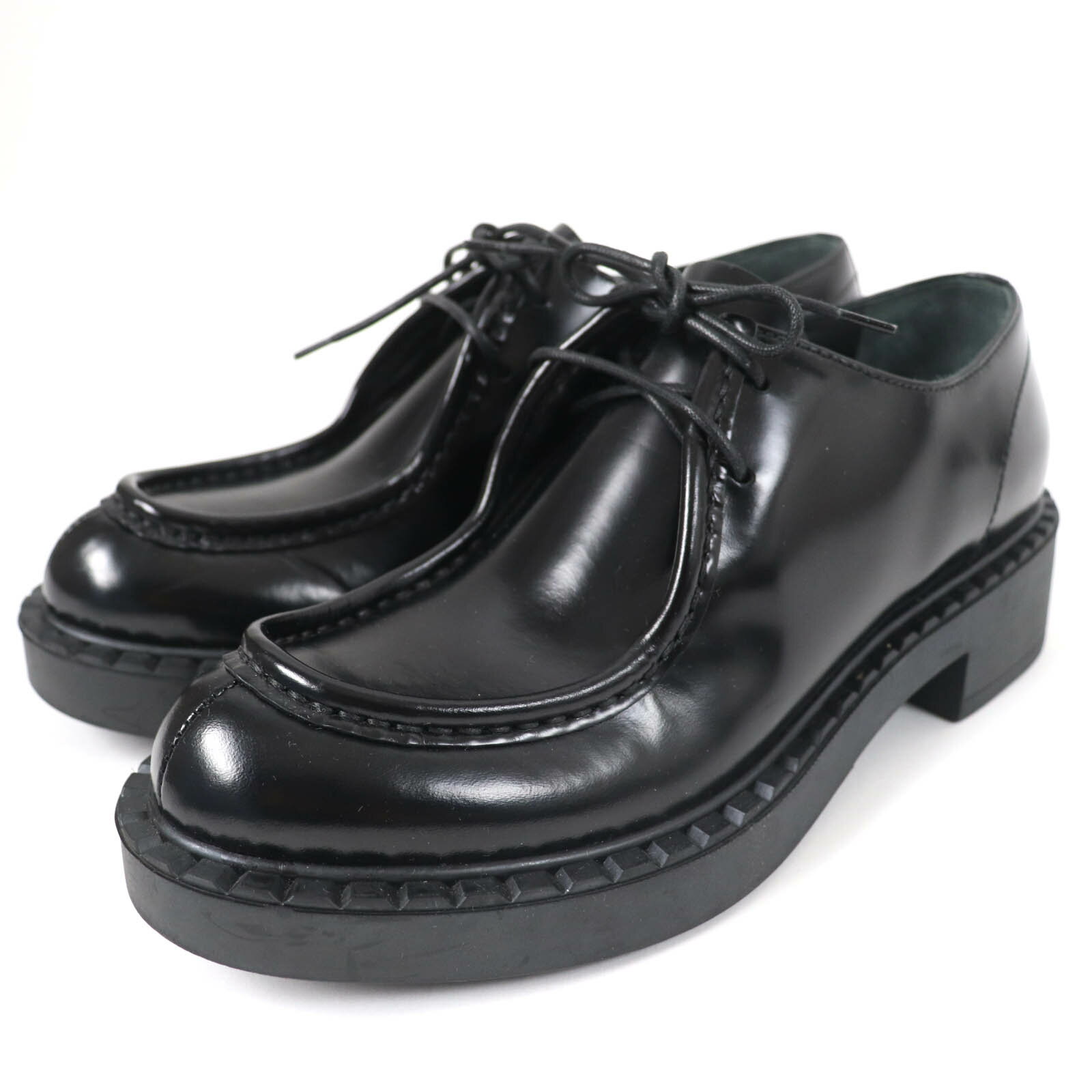 美品☆PRADA プラダ 1E249N レースアップ ブラッシュドレザー レザーシューズ ブラック 36.5 箱・保存袋付き イタリア製 レディース【中古】
