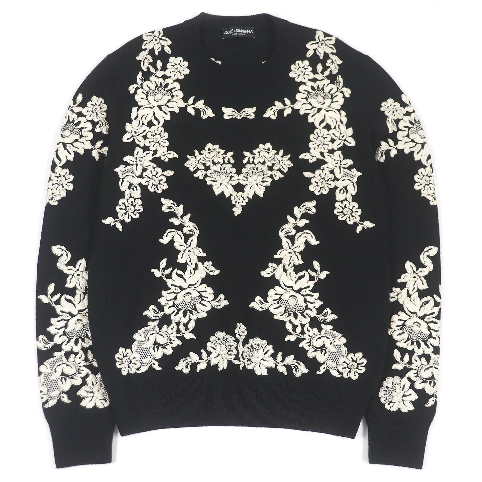 美品□DOLCE&GABBANA ドルチェ＆ガッバーナ GX399Z ウール100％ 黒タグ フラワー エンブロイダリー セーター ブラック 50 イタリア製 正規品 メンズ【中古】