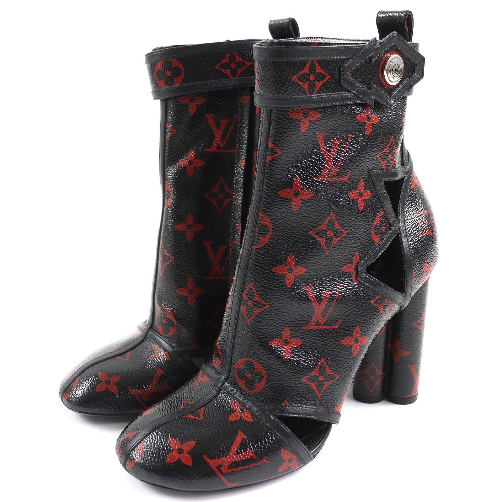 美品△LOUIS VUITTON ルイヴィトン モノグラムルージュ フラワーヒール レザー アンクルブーツ ショートブーツ ブラック レッド 37 イタリア製 レディース【中古】