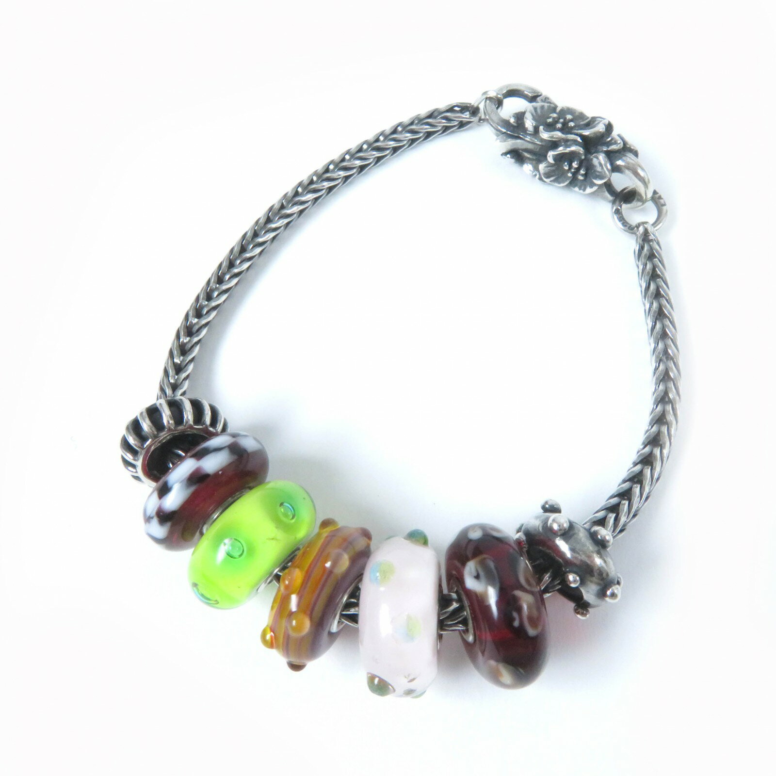 美品☆Trollbeads トロールビーズ クラスプ・ビーズチャーム7個セット ブレスレット SV925 シルバー マルチカラー 重量25g レディース【中古】