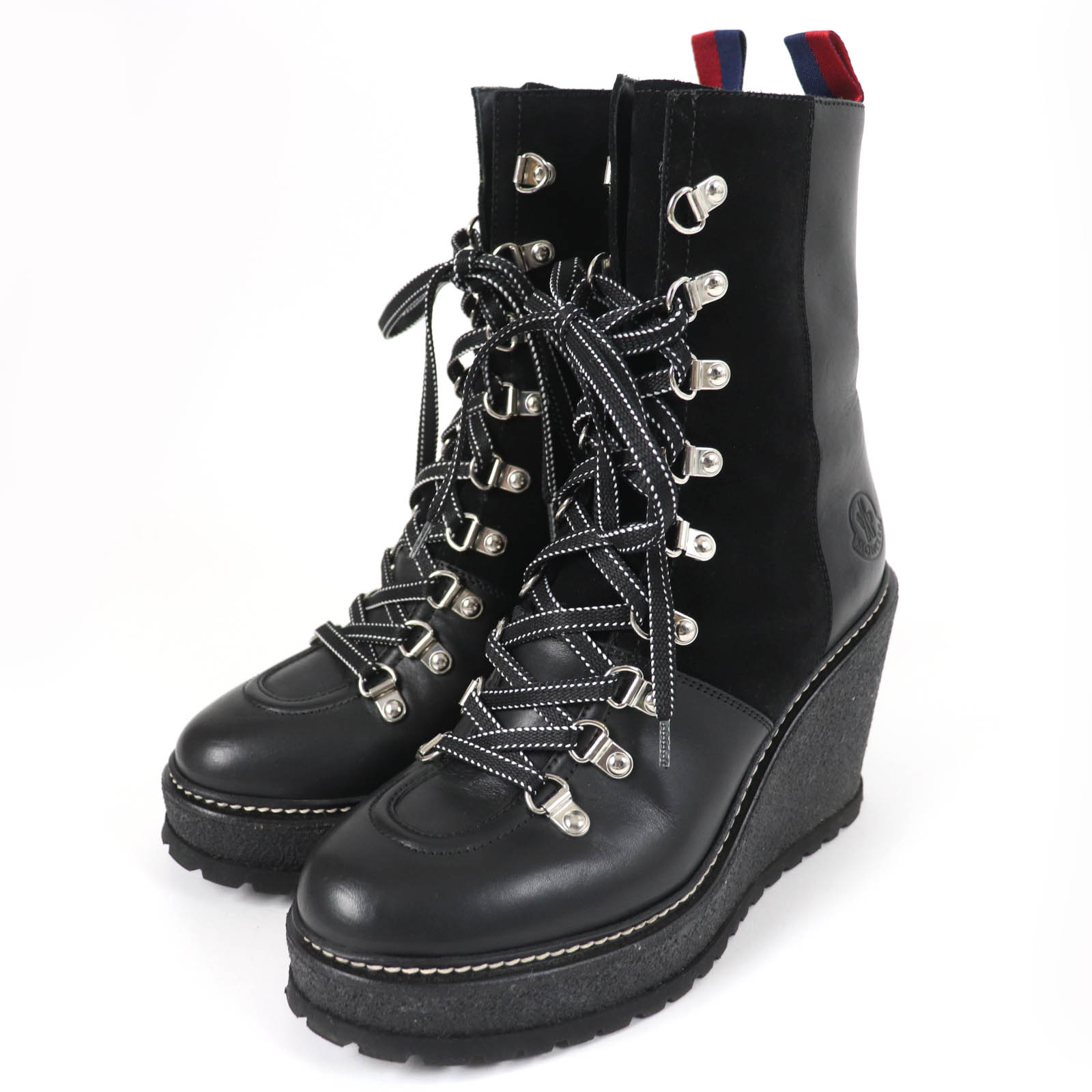 美品☆MONCLER モンクレール SHANICE ロゴ入り レースアップ ウェッジソール レザー ブーツ ブラック 38 箱・保存袋付き イタリア製 レディース【中古】
