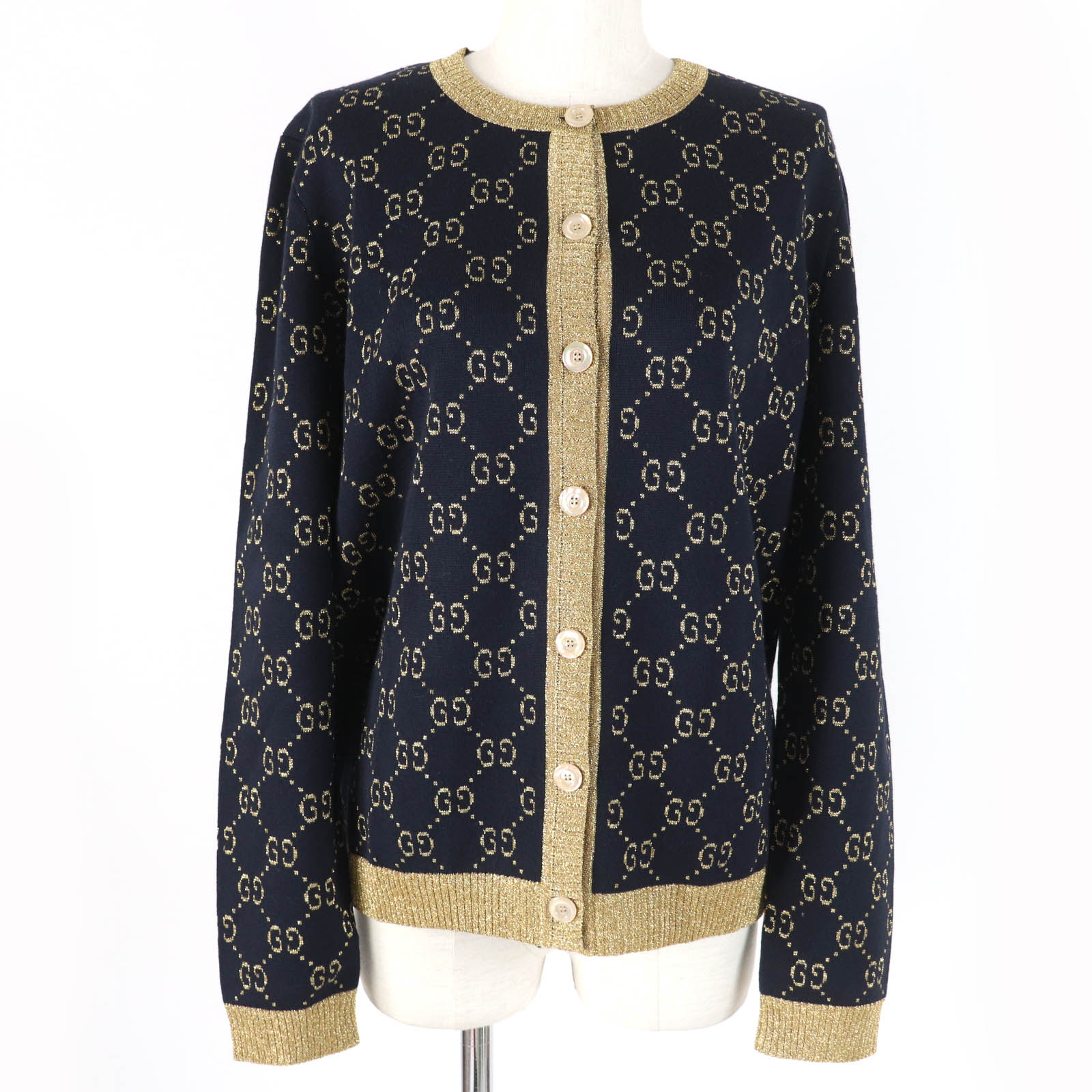 未使用品☆GUCCI グッチ 526758 GGコットン ラメファブリック ニット カーディガン ダークネイビー ゴールド XL 箱付き イタリア製 正規品 レディース【中古】