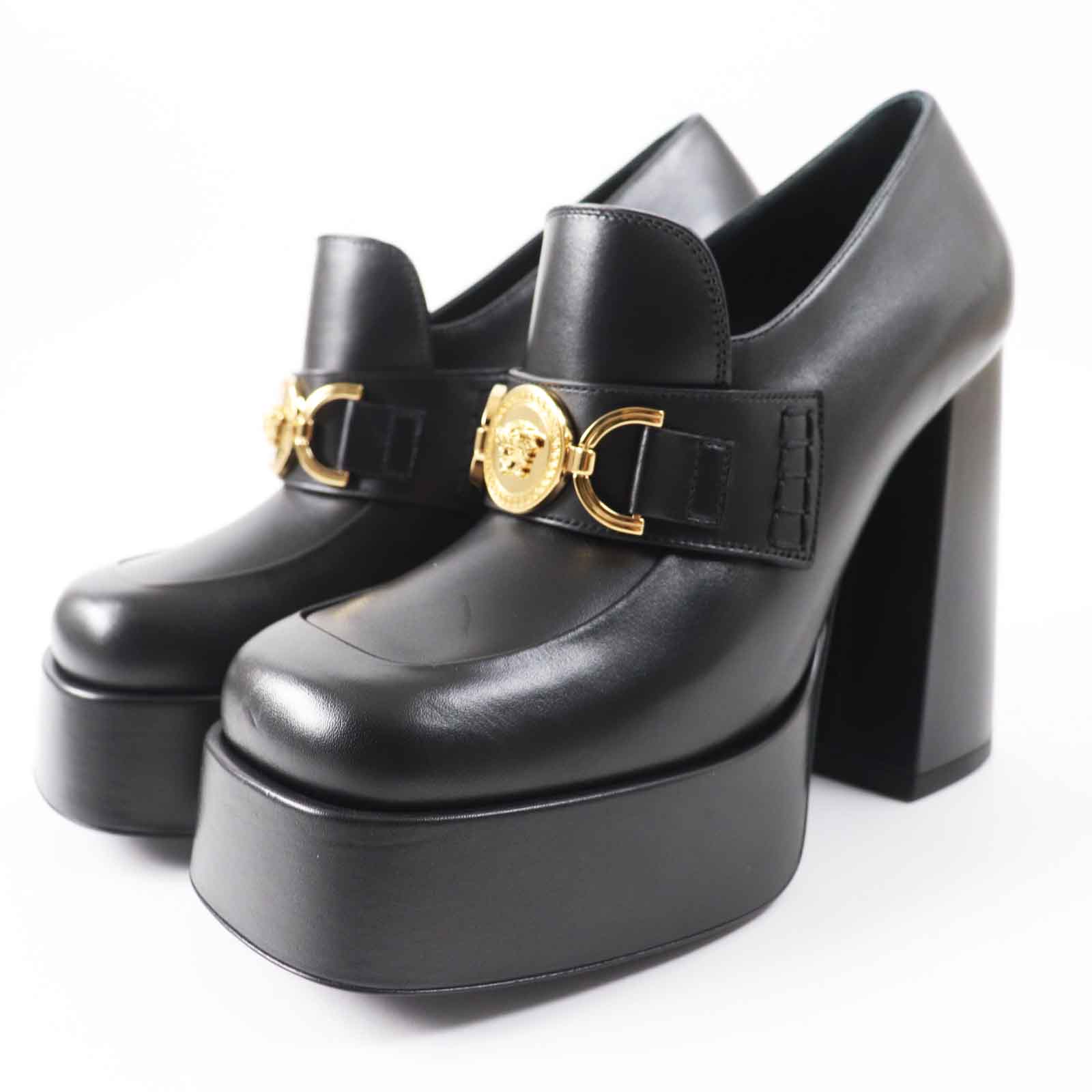 極美品◎VERSACE ヴェルサーチ メデューサ金具 チャンキーヒール プラットフォーム レザー パンプス ブラック ゴールド金具 37.5 イタリア製 レディース【中古】