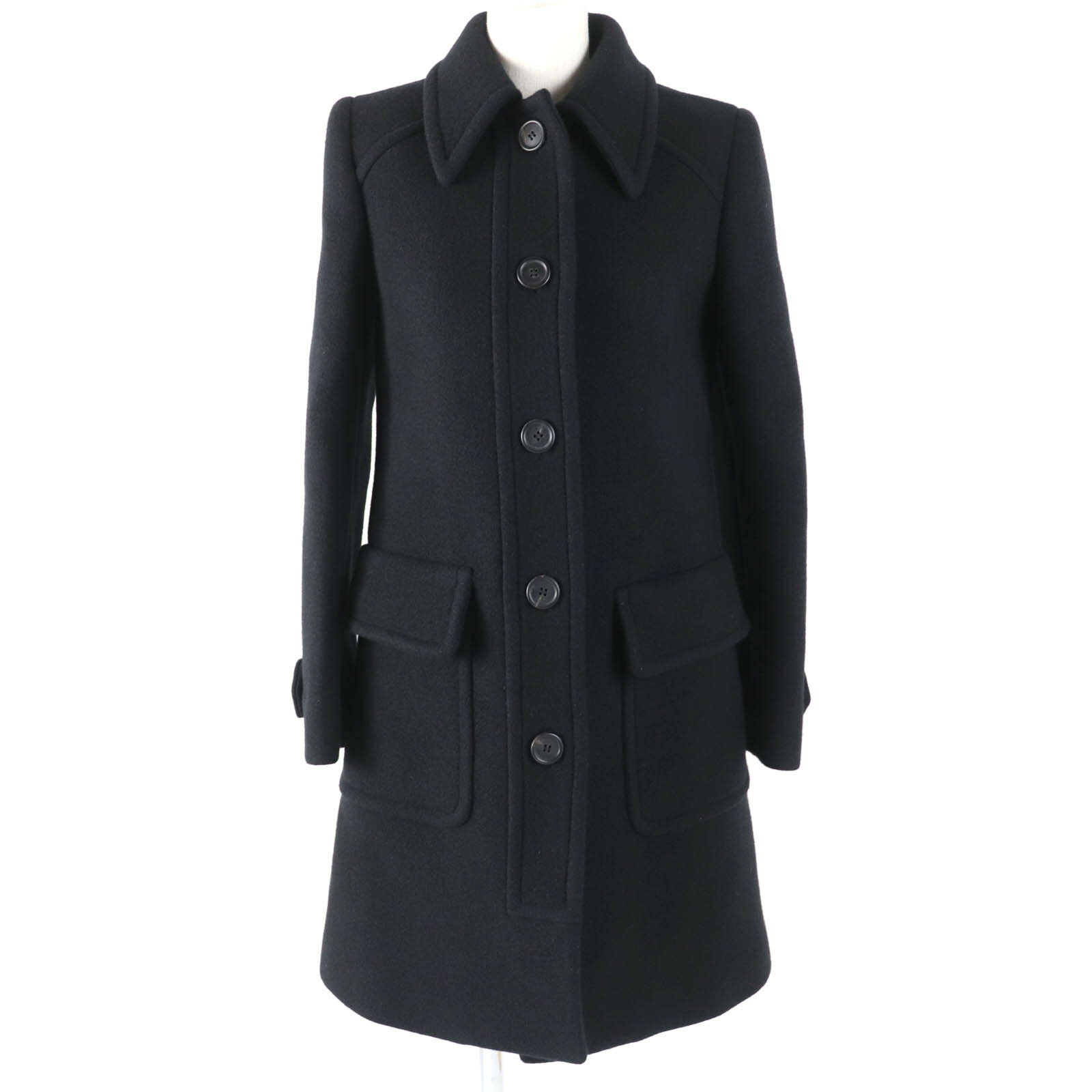 極美品☆PRADA プラダ バージンウール100％ ステンカラーコート ウールコート ブラック 38 イタリア製 正規品 レディース【中古】