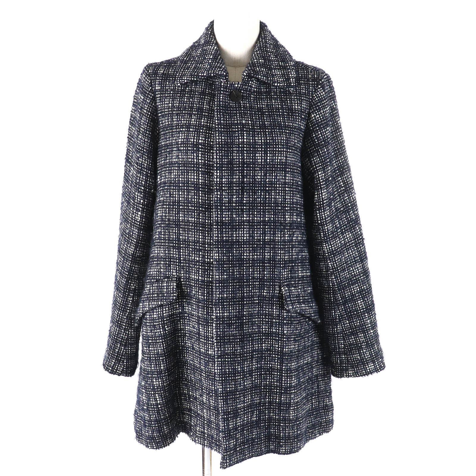 美品△me ISSEY MIYAKE ミー イッセイミヤケ ロゴボタン 比翼仕立て ウール ツイード ジャケット ダークネイビー ホワイト 約Mサイズ相当 日本製 正規品 レディース【中古】