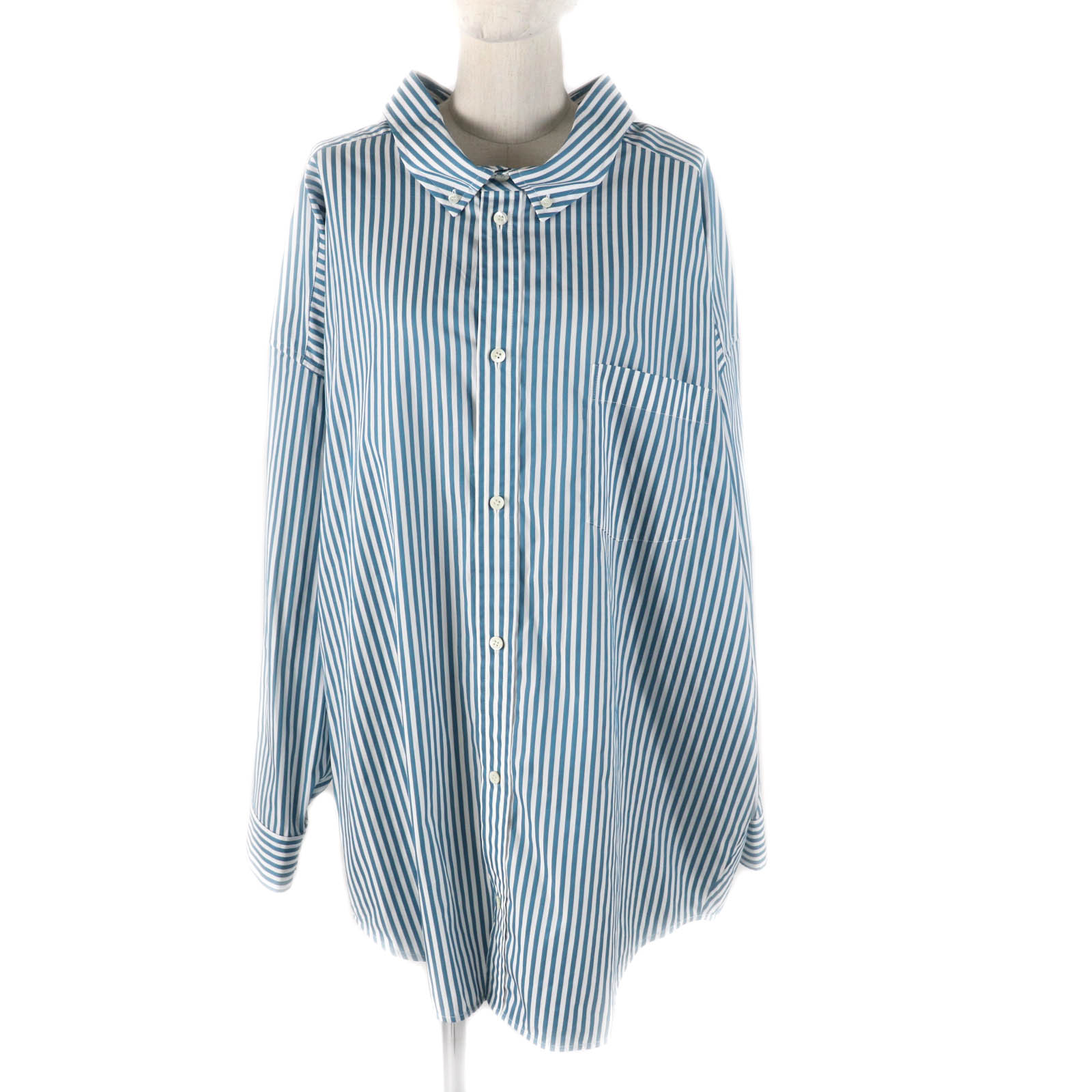 未使用品★BALENCIAGA バレンシアガ 21AW 622050 コットン100％ ロゴストライプ オーバーサイズ 長袖シャツ グリーン ホワイト 34 ハンガー付き イタリア製 正規品 ユニセックス【中古】