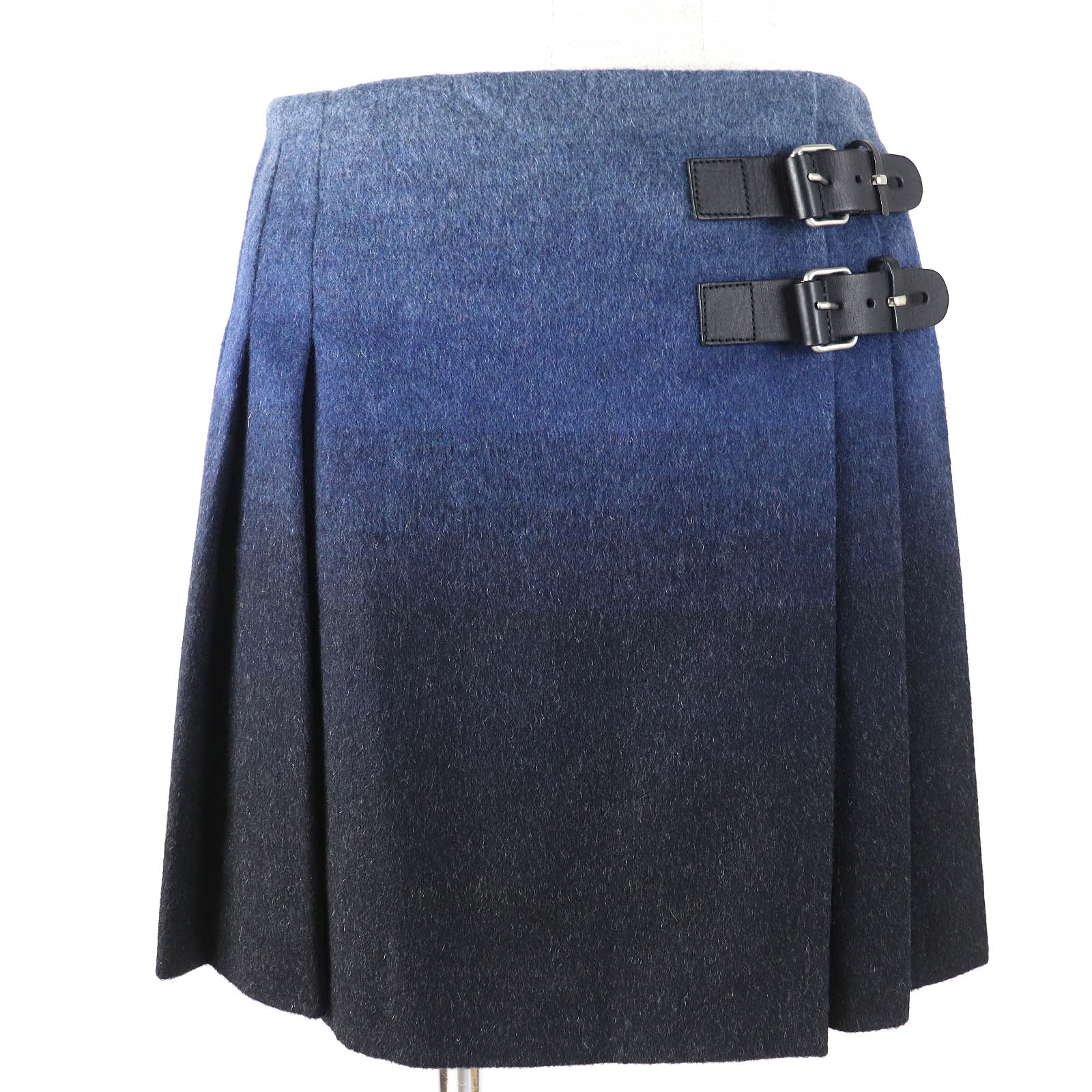 極美品△RED VALENTINO レッドヴァレンティノ ウール レザーベルト付き グラデーションカラー プリーツ ミニ ラップスカート ネイビー系 S 正規品 レディース 大人可愛い オススメ◎【中古】
