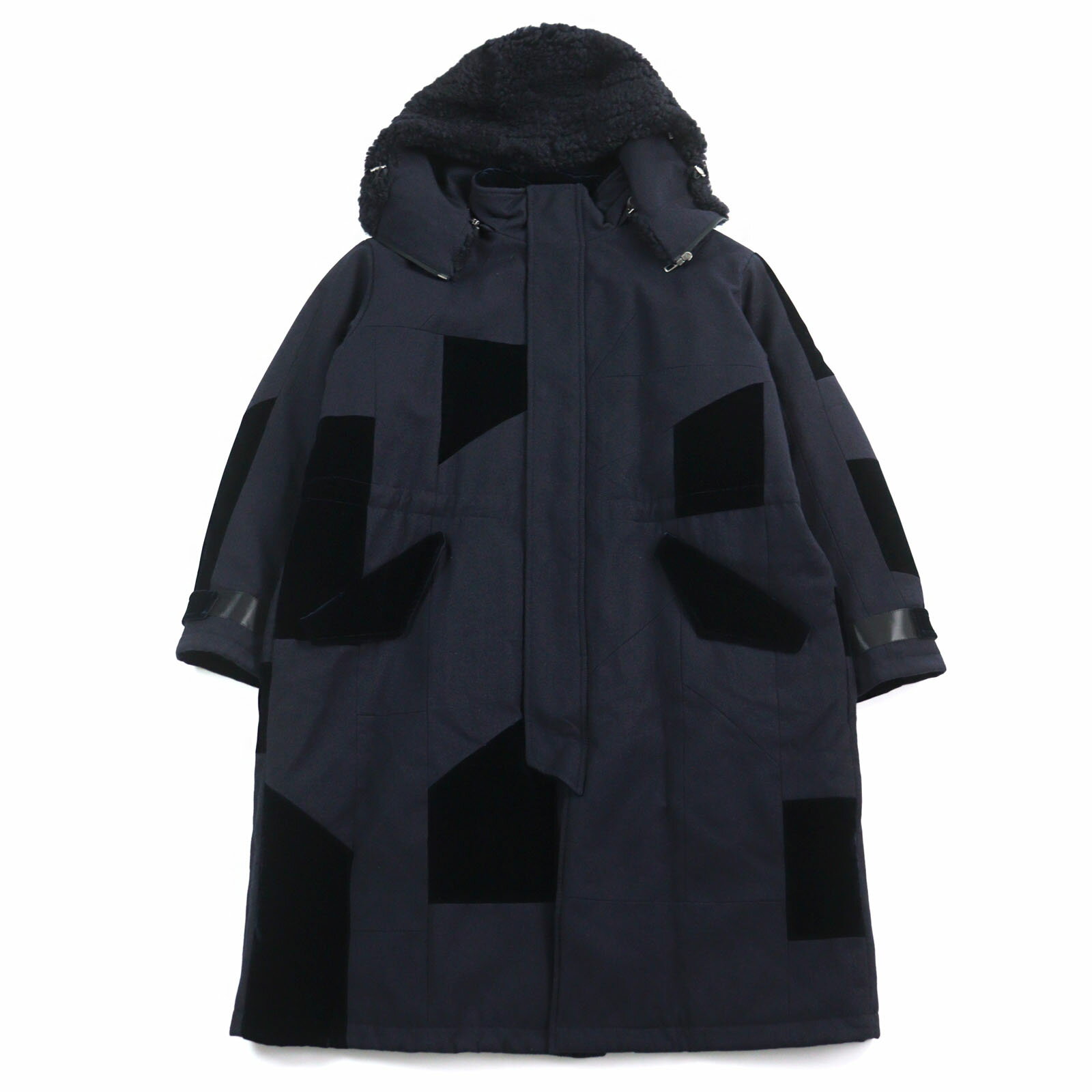 極美品○GIORGIO ARMANI ジョルジオアルマーニ 2021年製 1WGOL07V バージンウール100% ベロア切替 ムートン使い ダブルジップ 裏地エンボスロゴ フーデッド コート ネイビー系 XL ハンガー・ガーメント付き イタリア製 正規品 メンズ【中古】