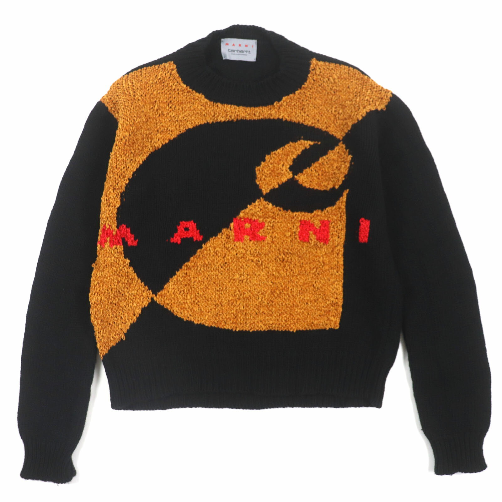 極美品▼MARNI×CARHARTT マルニ×カーハート 23SS GCMD0375Q0 ウール シルク ロゴ ジャガードニット セーター ブラック ブラウン 40 イタリア製 正規品 メンズ【中古】
