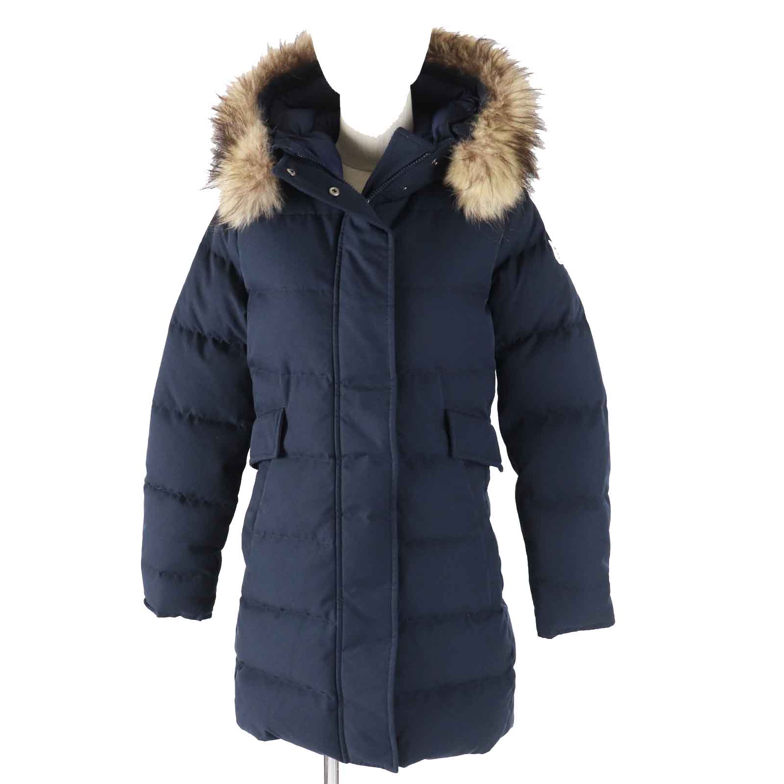 美品◎Pyrenex ピレネックス GRENOBLE グルノーブル ワッペン・ラクーンファー・フード付き ダウンコート ネイビー 34 正規品 レディース【中古】