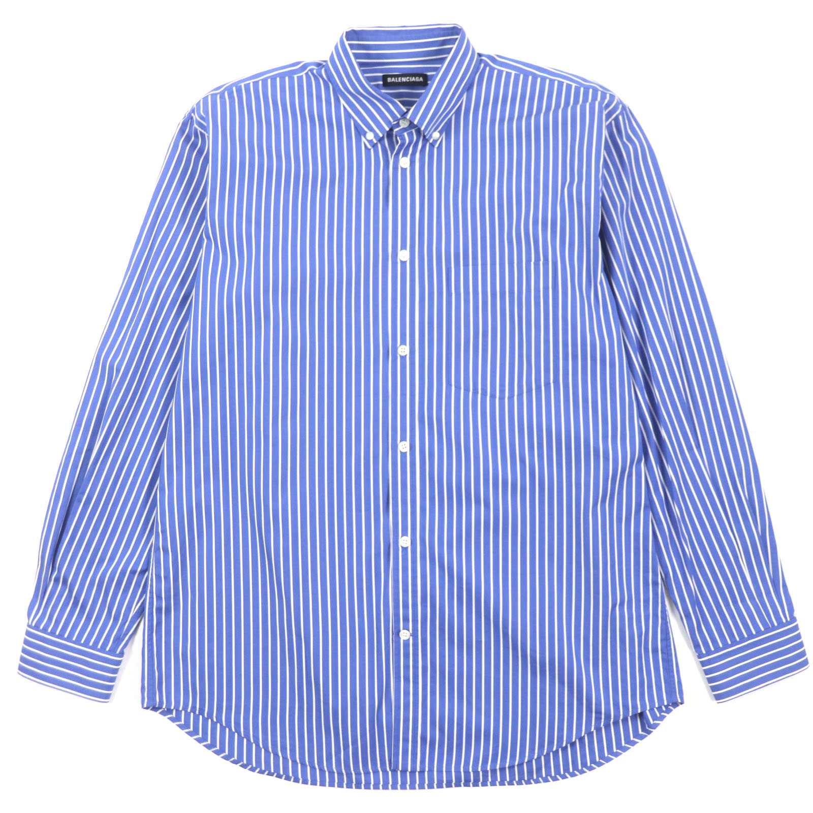 美品▼BALENCIAGA バレンシアガ 19SS 556878 コットン100% バックロゴプリント ストライプ柄 ロゴ入りボタン オーバーサイズ ロングスリーブ 長袖シャツ ブルー ホワイト 38 正規品 メンズ【中古】
