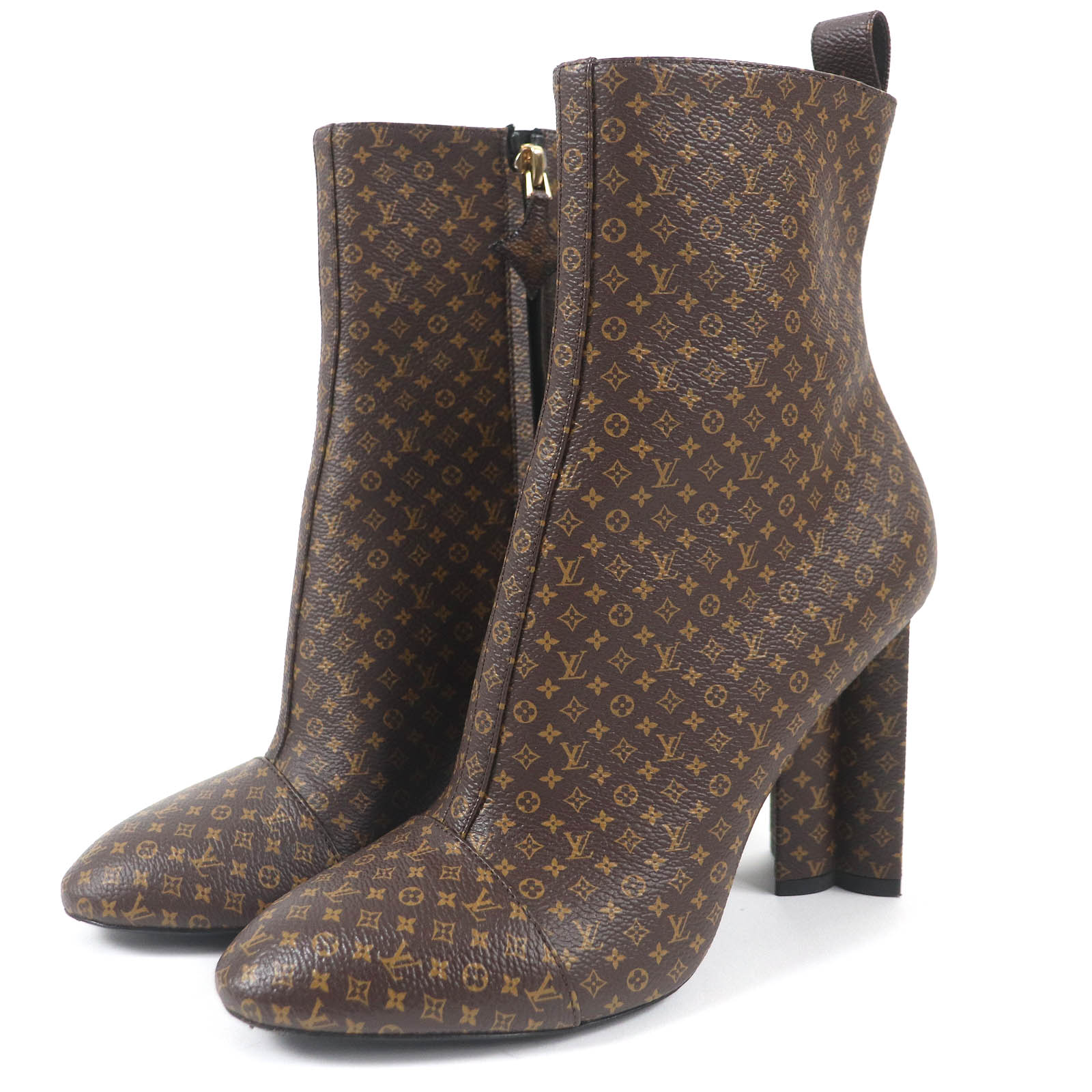 極美品△LOUIS VUITTON ルイヴィトン シルエットライン マイクロモノグラム フラワーヒール サイドジップ レザー アンクルブーツ ショートブーツ ブラウン 24.5 イタリア製 レディース 大人気 オススメ◎【中古】