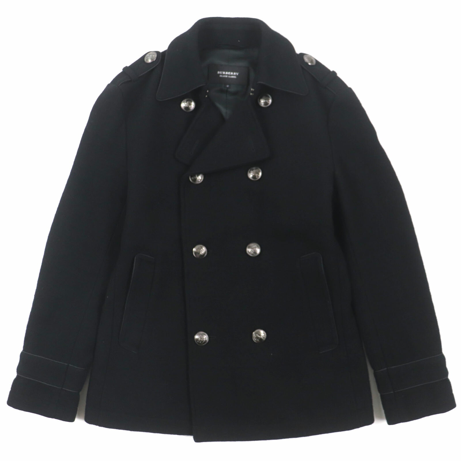 美品▼BURBERRY BLACK LABEL バーバリーブラックレーベル チェック柄 エンブレムボタン ダブルブレスト ピーコート ブラック M 正規品 メンズ【中古】