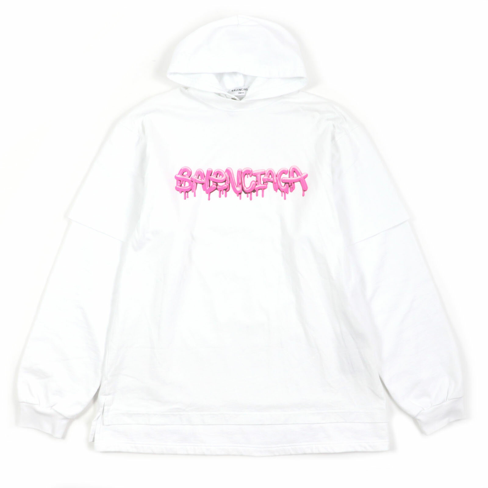 極美品▼BALENCIAGA バレンシアガ 22SS 681029 グラフィックロゴ レイヤードデザイン オーバーサイズ プルオーバー パーカー ホワイト XS 正規品 メンズ【中古】