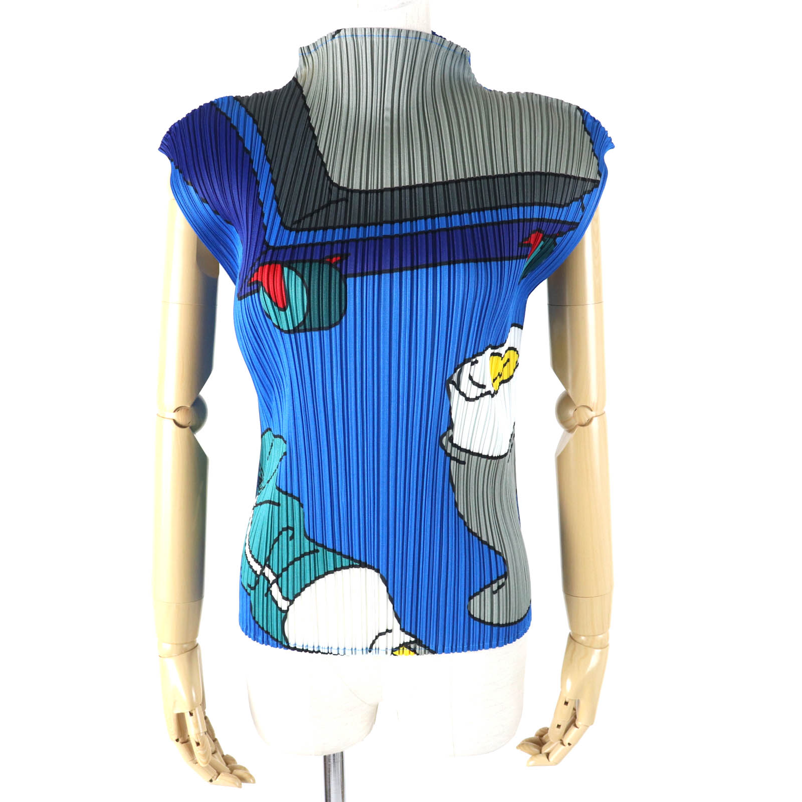 極美品△PLEATS PLEASE プリーツプリーズ イッセイミヤケ PP22-JK932 ステーショナリープリント ボトルネック ノースリーブ カットソー トップス ブルー マルチカラー 3 日本製 正規品 レディース オススメ◎【中古】