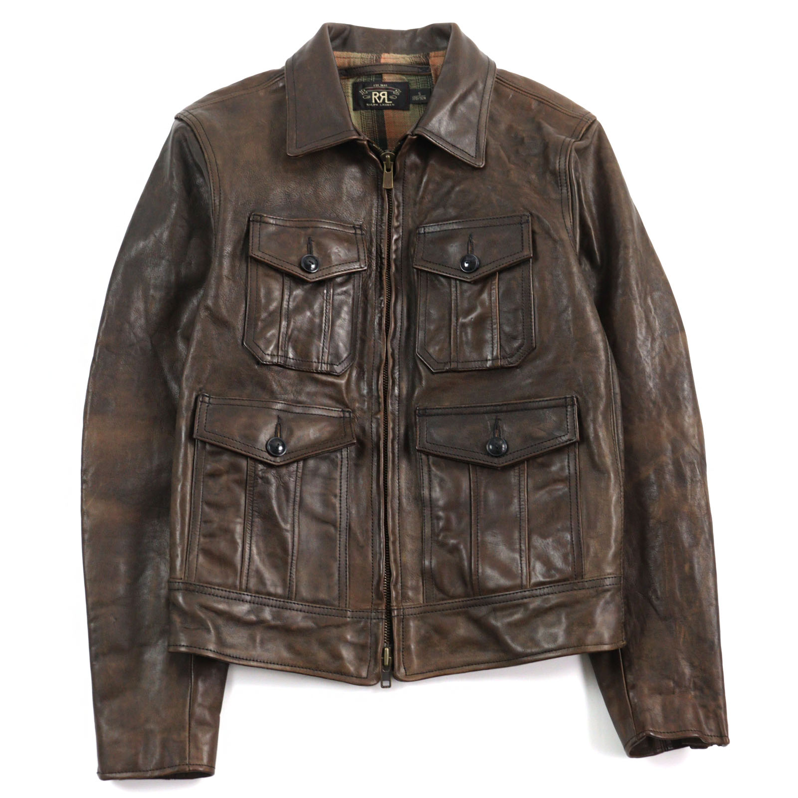 極美品○RRL ダブルアールエル FENTON フェントン 牛革 ヴィンテージ加工 4ポケットスタイル ダブルジップ 裏地付き トレイルライダースジャケット レザージャケット ブラウン S 170/92A 正規品 メンズ【中古】