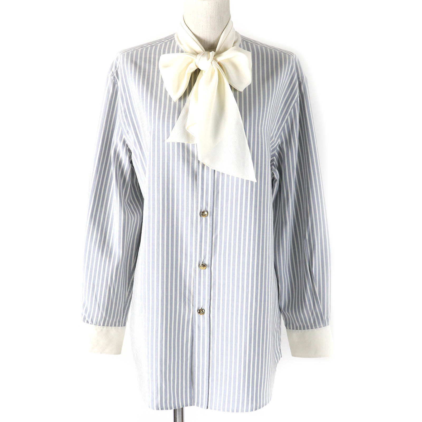 美品△CELINE セリーヌ 2C904562T エディ期 トリオンフボタン ボウタイ付き ストライプ柄 シルク100％ 長袖シャツ ブルー ホワイト 38 イタリア製 正規品 レディース【中古】