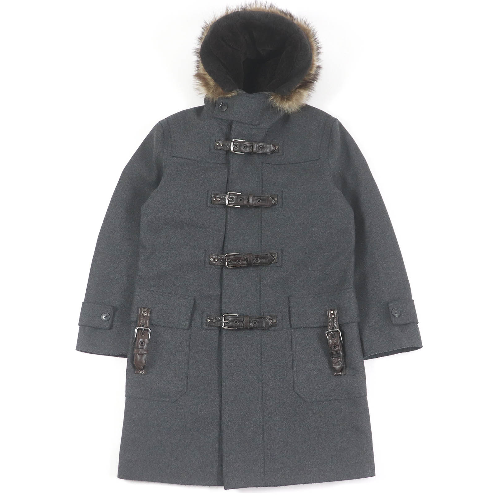 極美品□DOLCE&GABBANA ドルチェ＆ガッバーナ ROYAL 黒タグ 裏シルク ベルト付き ファーフーデッド ウールコート グレー 46 イタリア製 正規品 メンズ【中古】