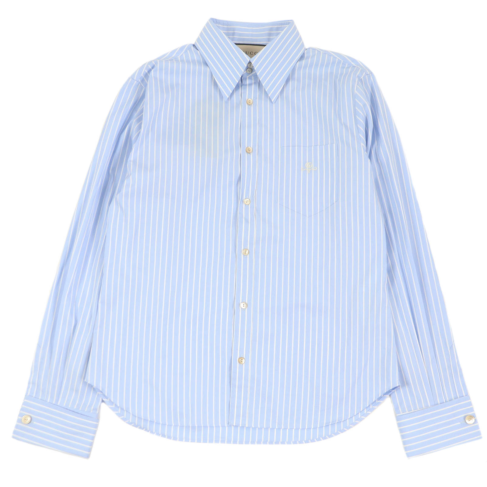 未使用品□GUCCI グッチ 680788 コットン GGロゴエンブロイダリー ストライプ ロングスリーブ 長袖シャツ ブルー 41 イタリア製 正規品 メンズ【中古】