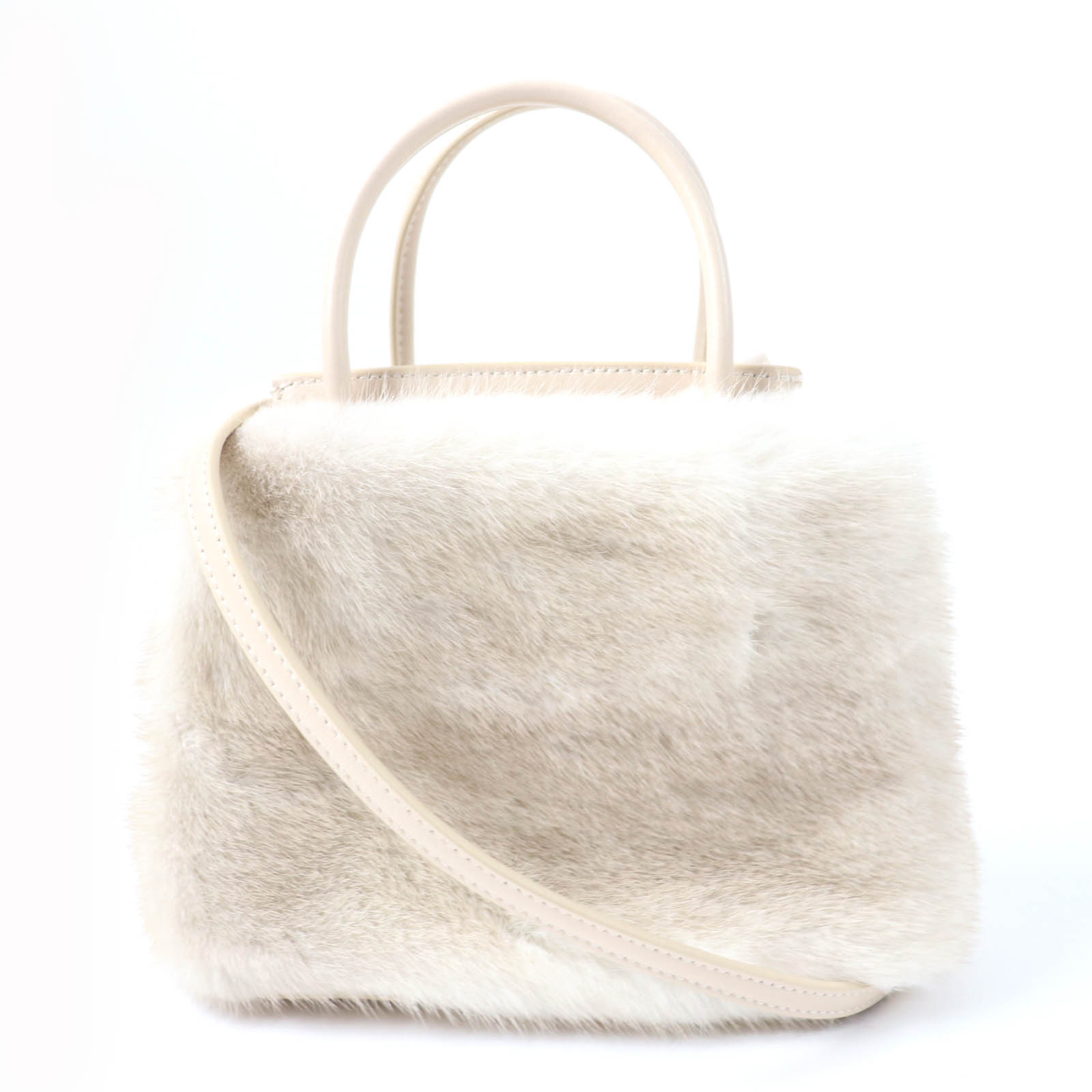 極美品☆FOXEY フォクシー 44111 2WAY ショルダーバッグ レザー ミンクファー付 ハンドバッグ ライトベージュ イタリア製 レディース【中古】