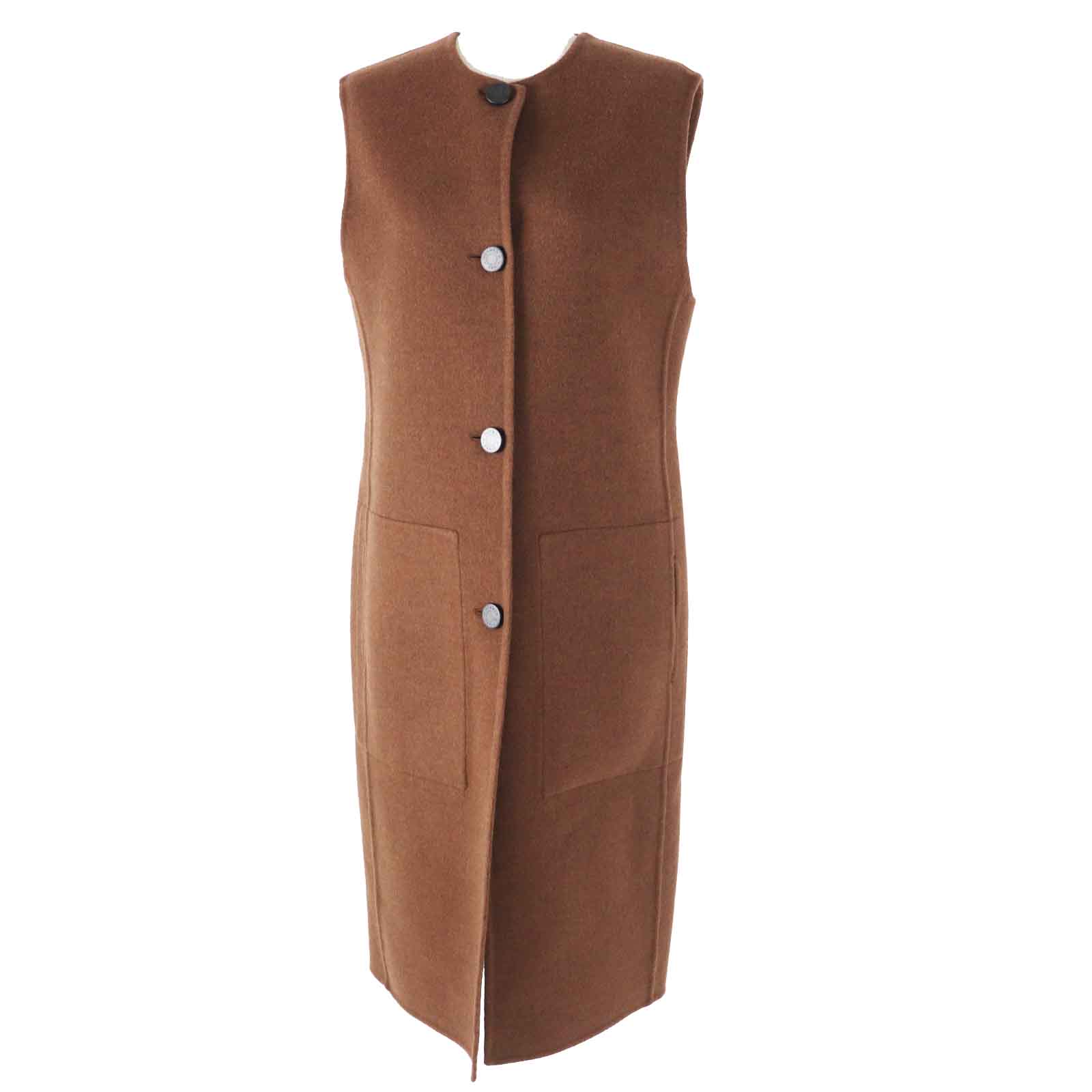 極美品◎HERMES エルメス 23AW 3H0198DB カシミヤ100％ ウッドセリエボタン付き ダブルフェイス ロングジレ／ベスト ブラウン 38 ハンガー・ガーメント付き フランス製 正規品 レディース【中古】