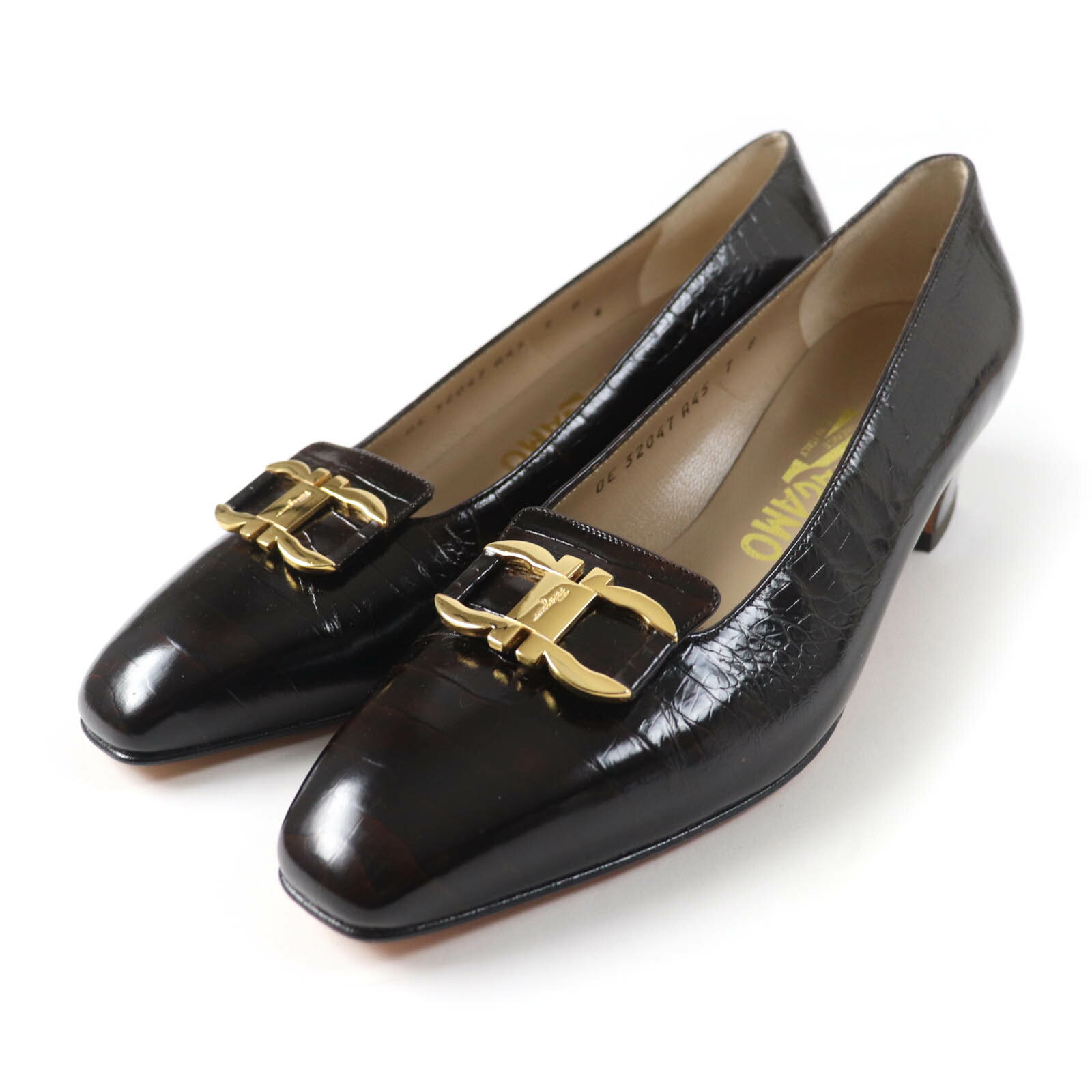 極美品★Salvatore Ferragamo サルヴァトーレフェラガモ ダブルガンチーニ金具付 スクエアトゥ クロコ型押し レザー パンプス ブラウン 7 イタリア製 レディース【中古】