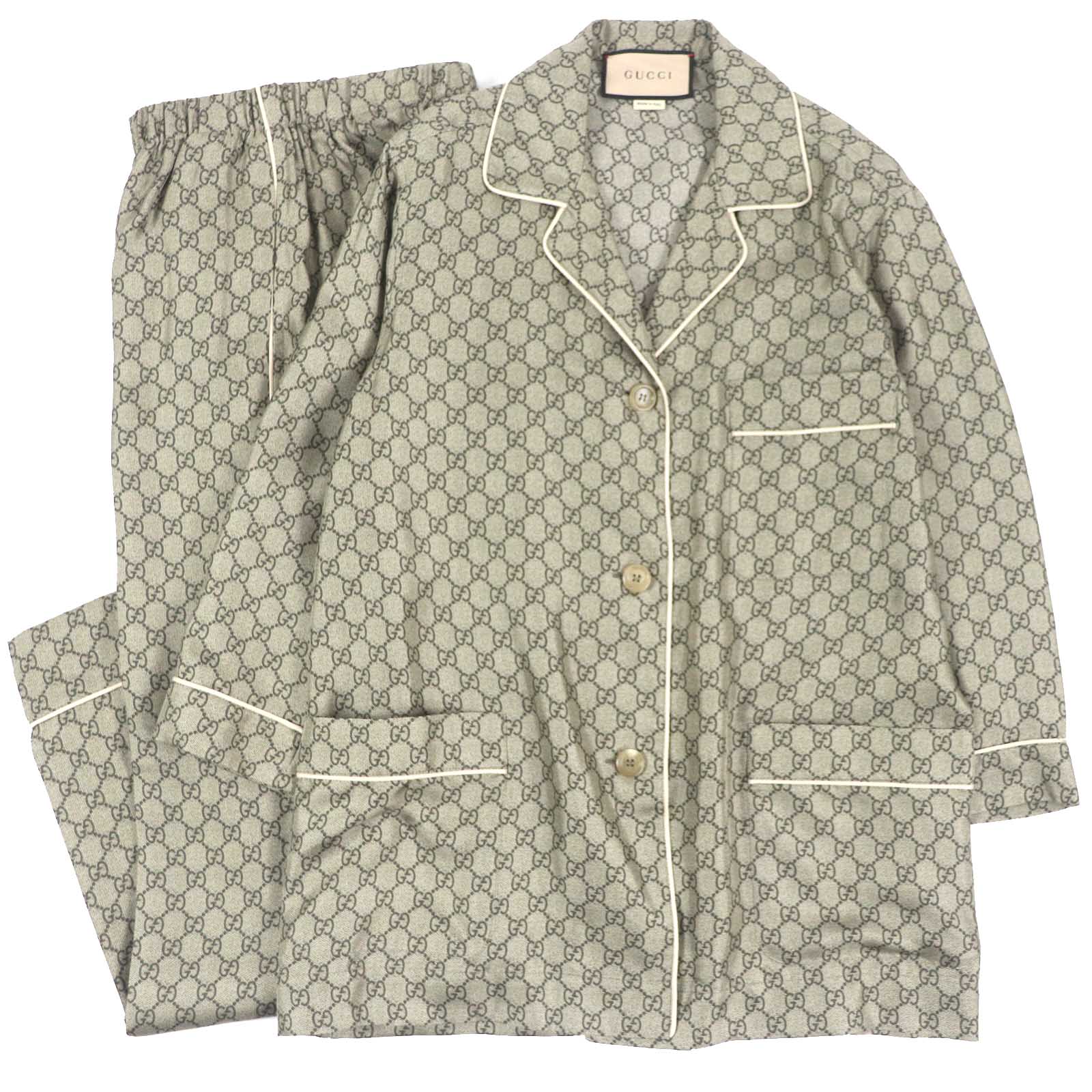 極美品△GUCCI グッチ 23AW 752917・756503 シルク100％ GGスプリームプリント 長袖シャツ ロングパンツ セットアップ ベージュ系 36 イタリア製 正規品 レディース 大人気 オススメ◎【中古】