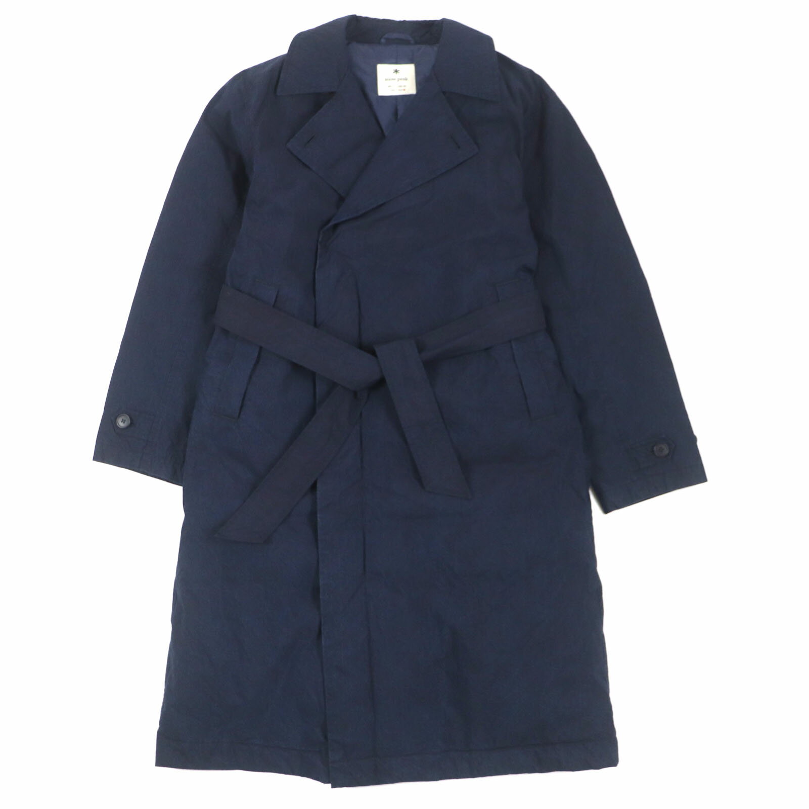 美品▼Snow Peak スノーピーク JK-19AU007 Indigo C/N Down Coat ムラ染め加工 ベルト付き 比翼仕立て ダブルブレスト ダウンコート インディゴ S 日本製 正規品 メンズ【中古】