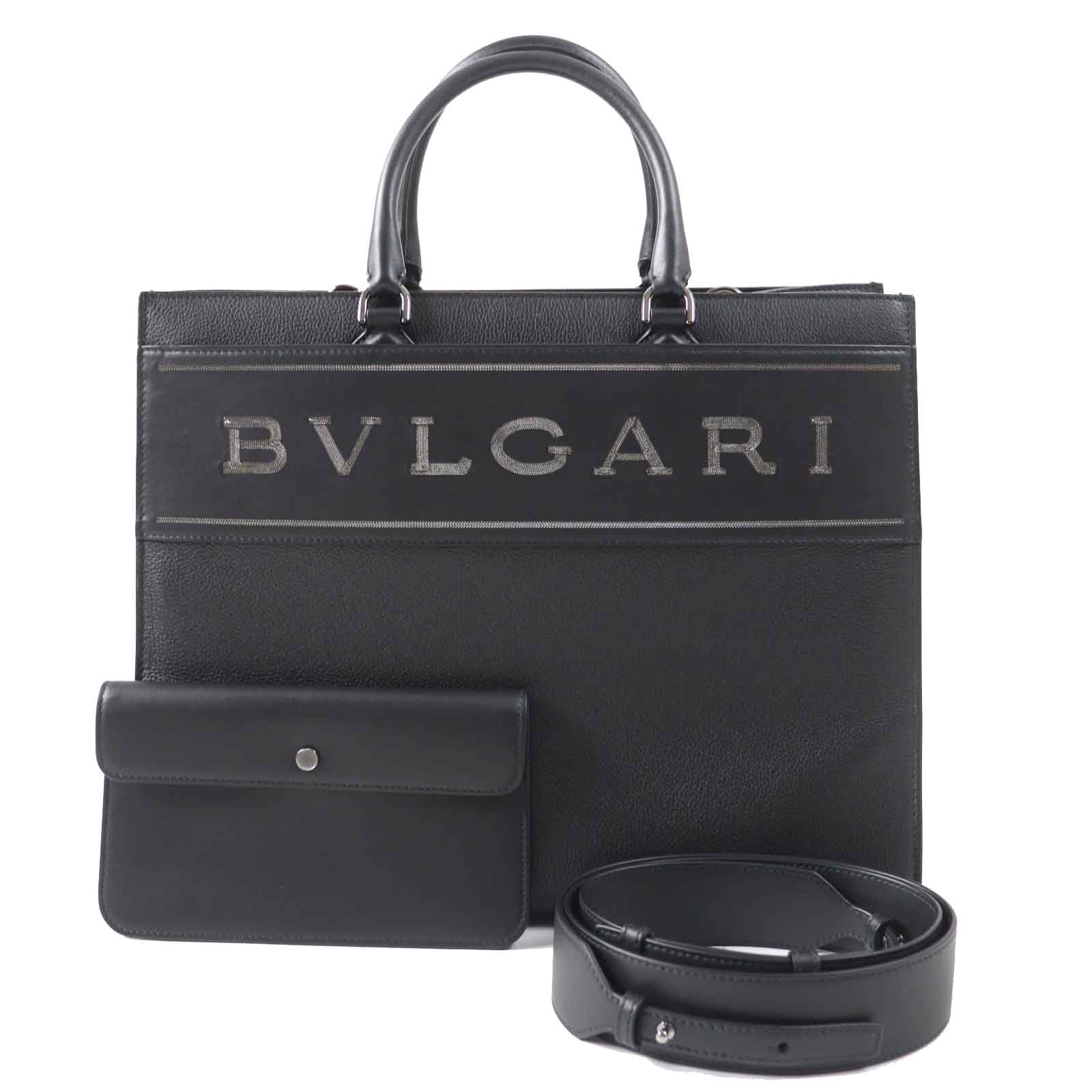 極美品◎BVLGARI ブルガリ 291105 ロゴ ラージ トートバッグ ポーチ付き 2WAYバッグ レザー ブラック 保存袋付き イタリア製 レディース【中古】
