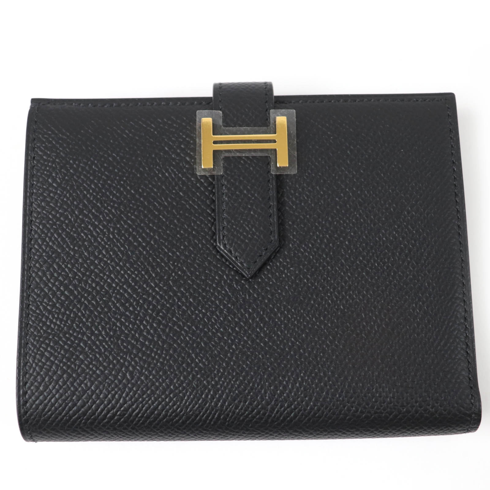未使用品☆HERMES エルメス ベアン コンパクト ゴールド金具 ヴォーエプソン 二つ折り財布 ブラック W刻印 箱付き フランス製 レディース【中古】